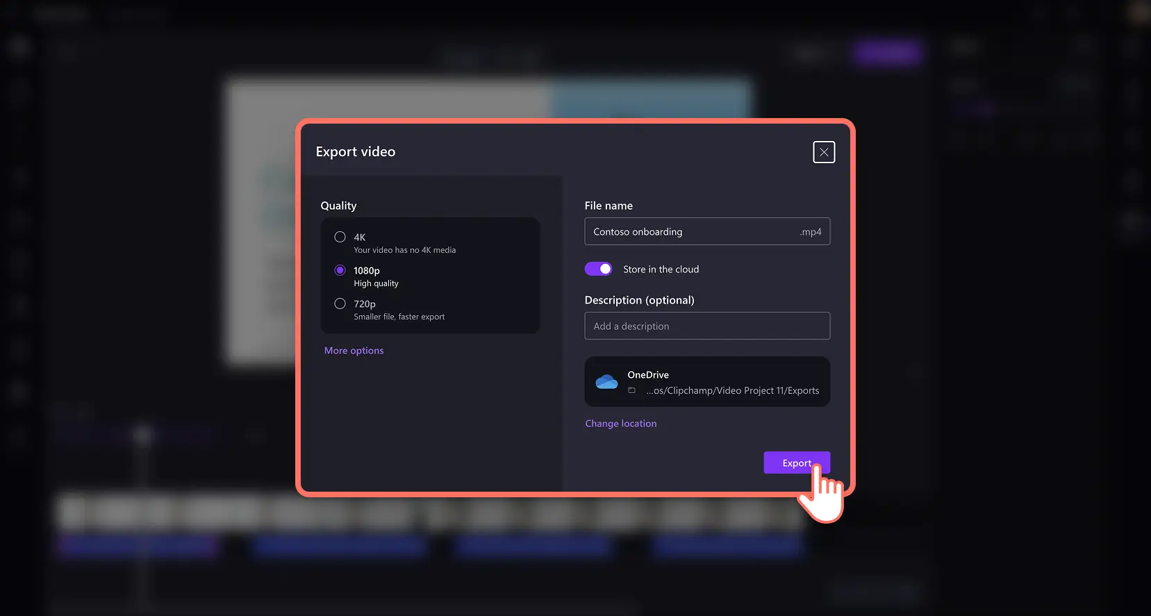 Un usuario guarda una voz en off basada en IA de alta calidad y una presentación de vídeo en Clipchamp para el trabajo