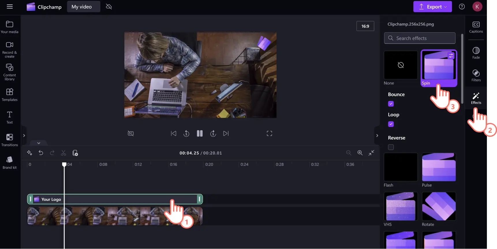 A user applying a video effect to a logo in Clipchamp.