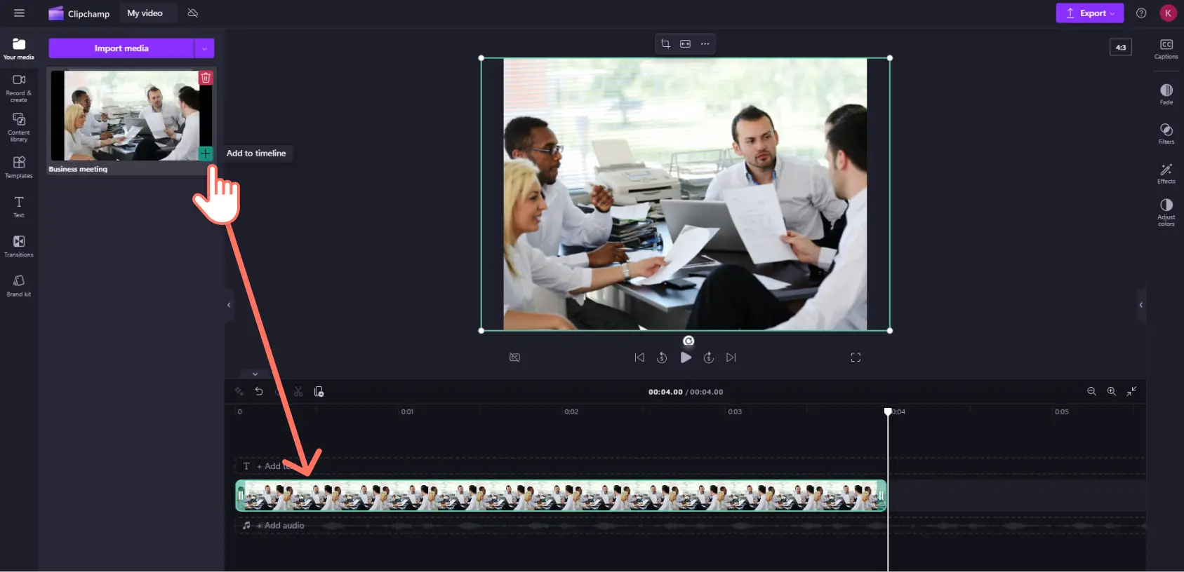 A user dragging and dropping an image onto the timeline in Clipchamp.