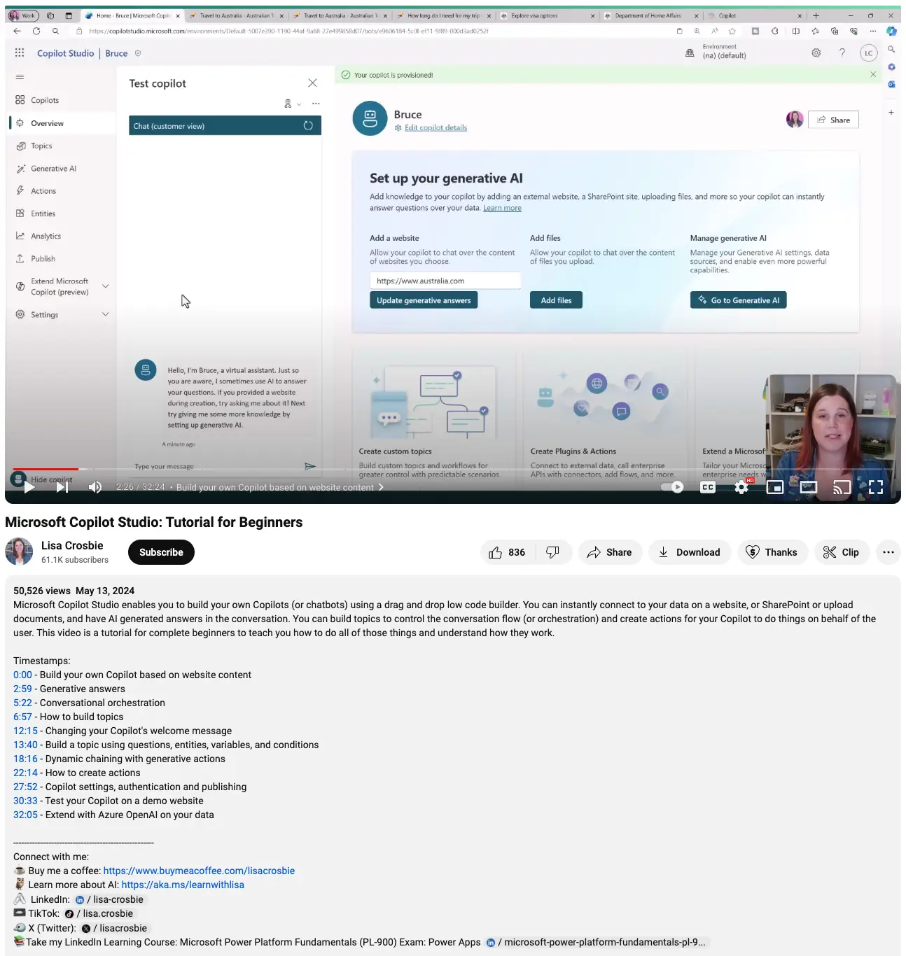 Lisa Crosbie の YouTube 動画「Microsoft Copilot Studio: Tutorial for Beginners」に記載された説明文の画像。