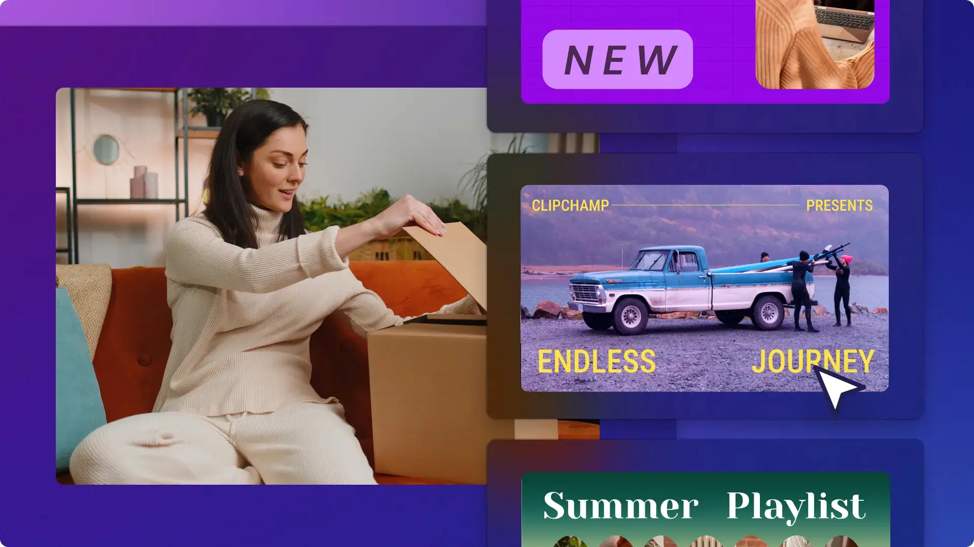 Hình ảnh trừu tượng của video mở hộp trên YouTube và các mẫu video mở đầu trên YouTube trong Clipchamp