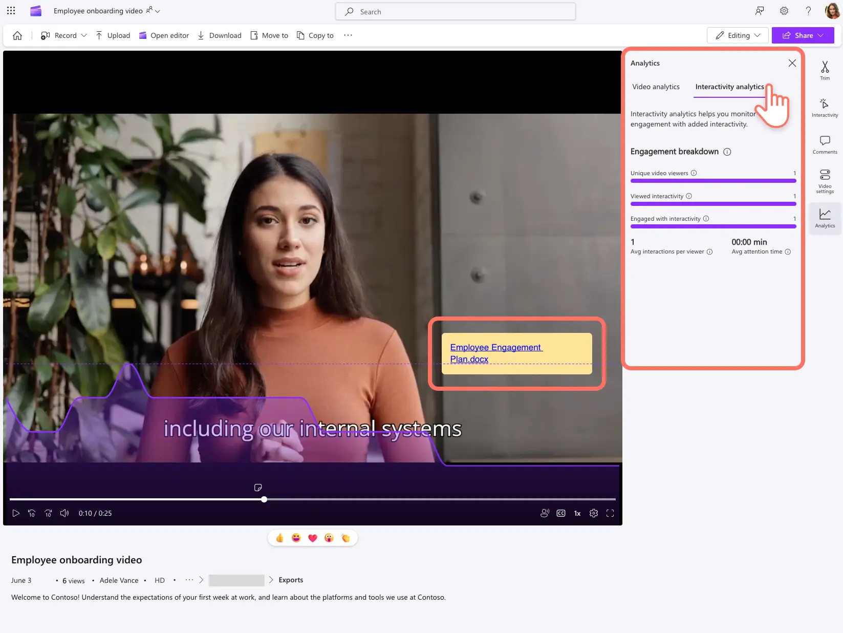 Usuário verificando métricas de interatividade com formulários e textos explicativos no Clipchamp