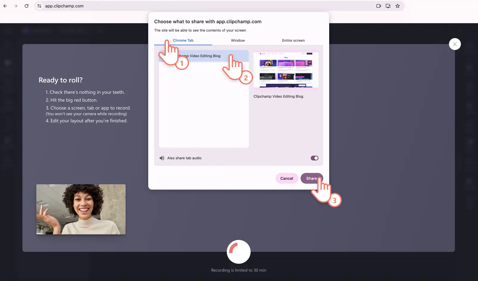 Immagine di un utente che fa clic sull'opzione della scheda Chrome, quindi sul pulsante Condividi.