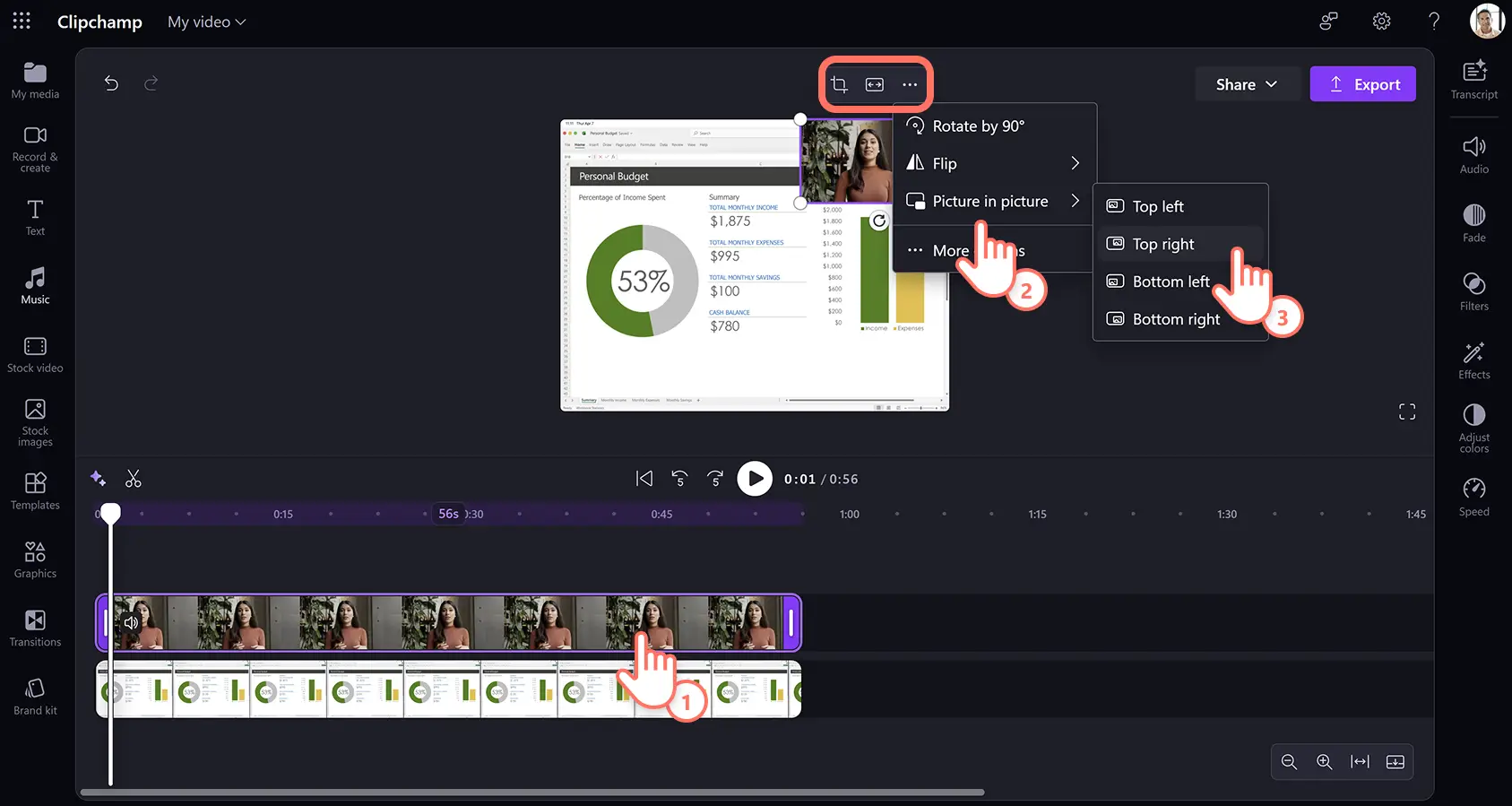 Eine Person, die die Bild-in-Bild-Überlagerung auf ein Videoobjekt für ein Produktdemovideo in Clipchamp anwendet.