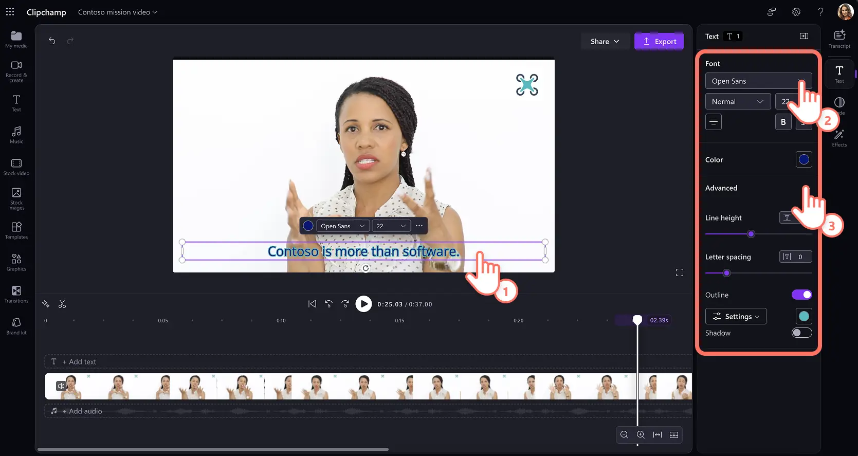 A user customizing the video captions font, size, and style in Clipchamp for work