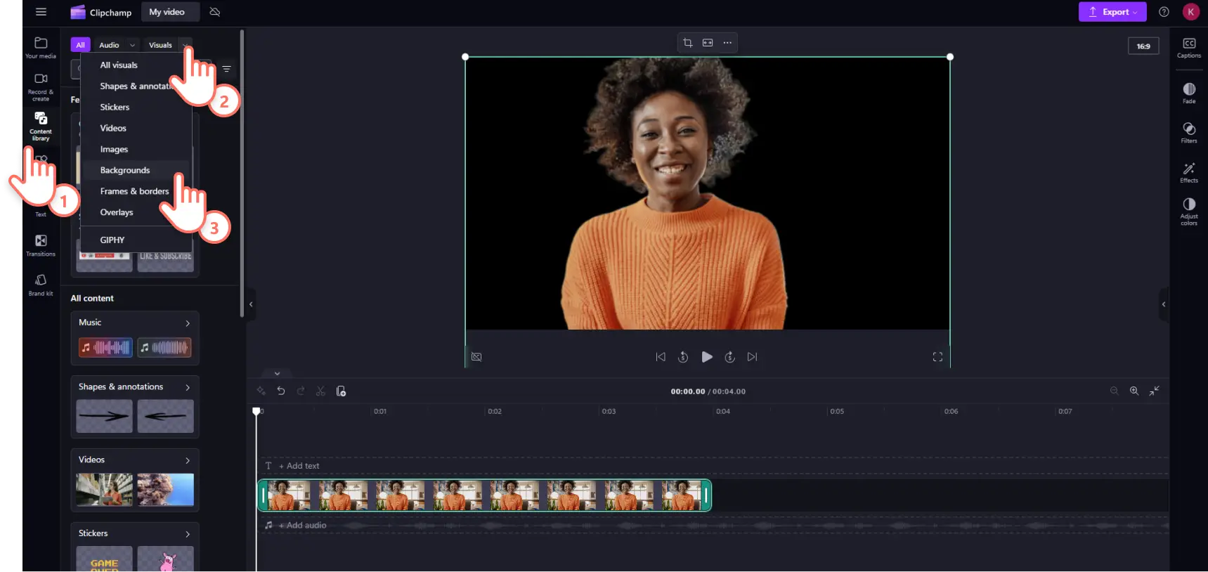 A user accessing the backgrounds collection inside the content library in Clipchamp.