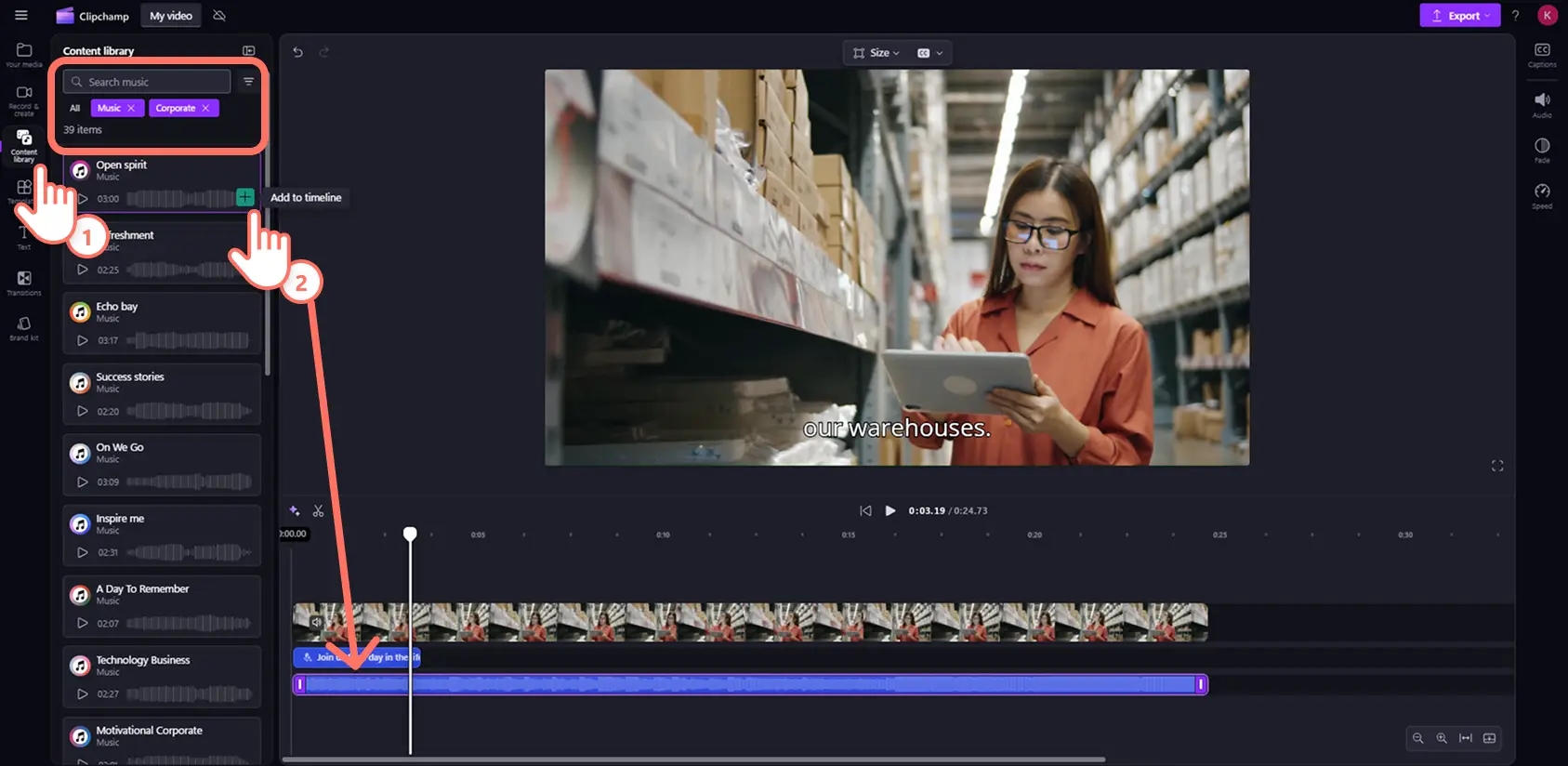 Käyttäjä lisäämässä videoon tekijänoikeusvapaata taustamusiikkia Clipchampissa.