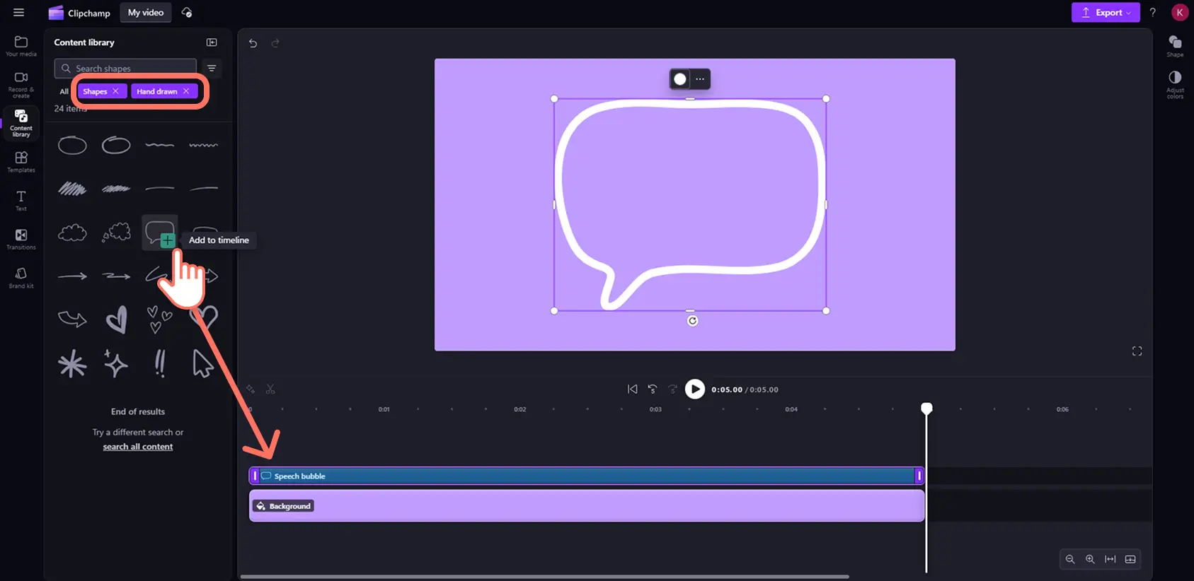 Ein Benutzer, der in Clipchamp eine handgezeichnete Sprechblasenform zu einem Video mit lila Hintergrund hinzufügt.