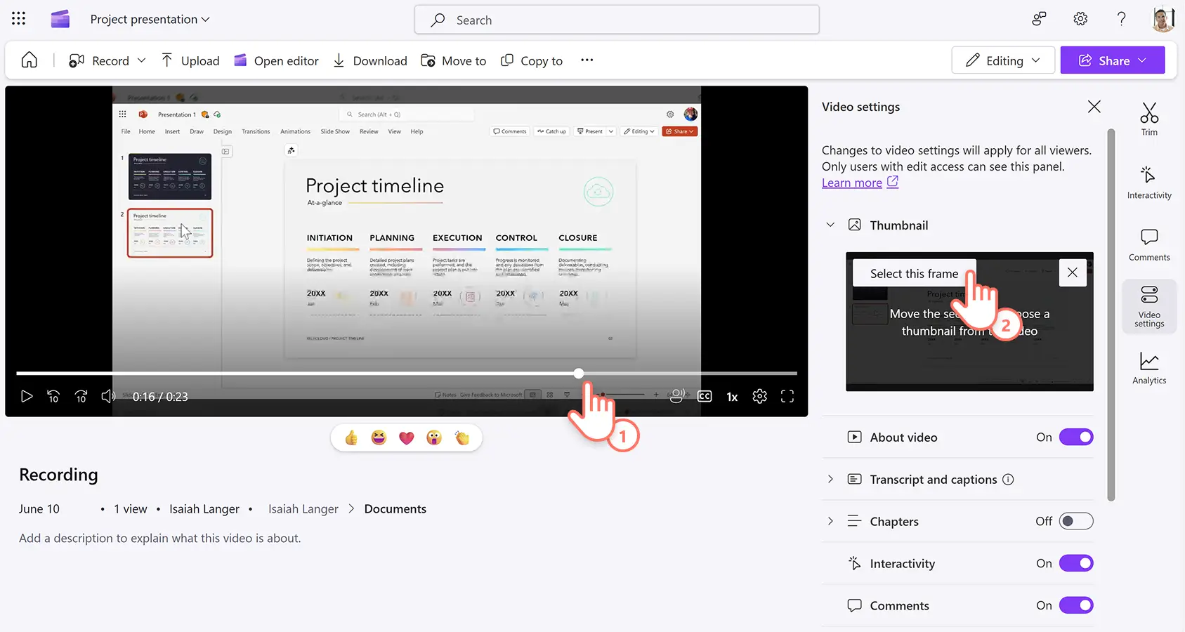 En bruker som flytter videospilleren for å lage en nytt videominiatyr i Microsoft Clipchamp.