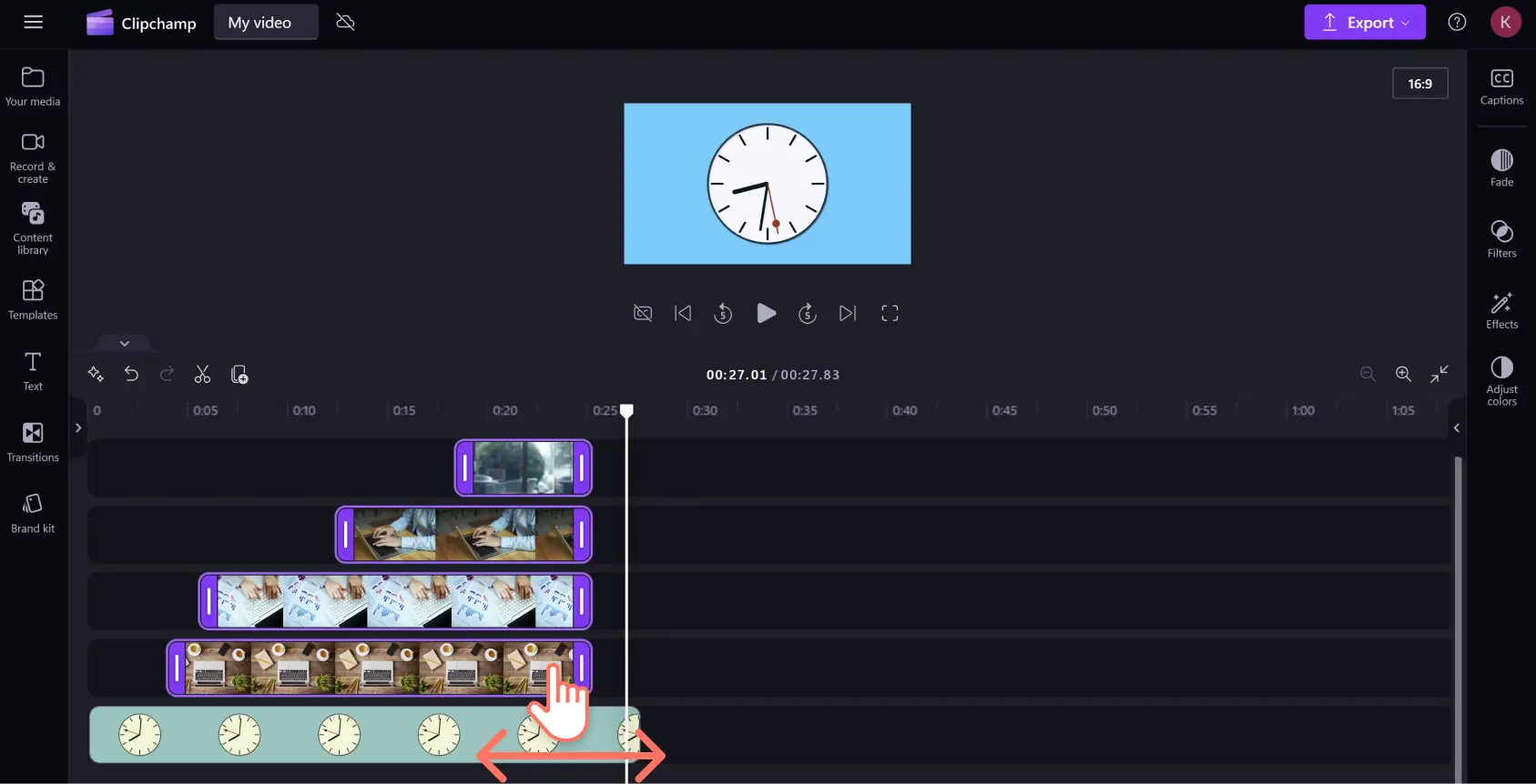 A user adjusting the duration of a group of stock assets in Clipchamp.
