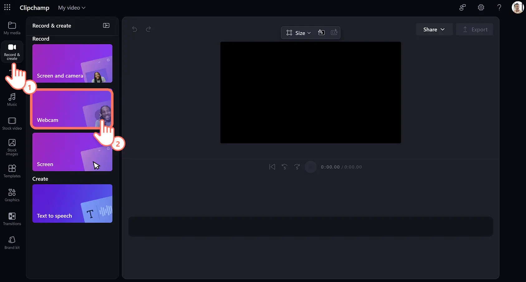 Eine Person, die den Webcam-Rekorder in Clipchamp für die Arbeit öffnet.