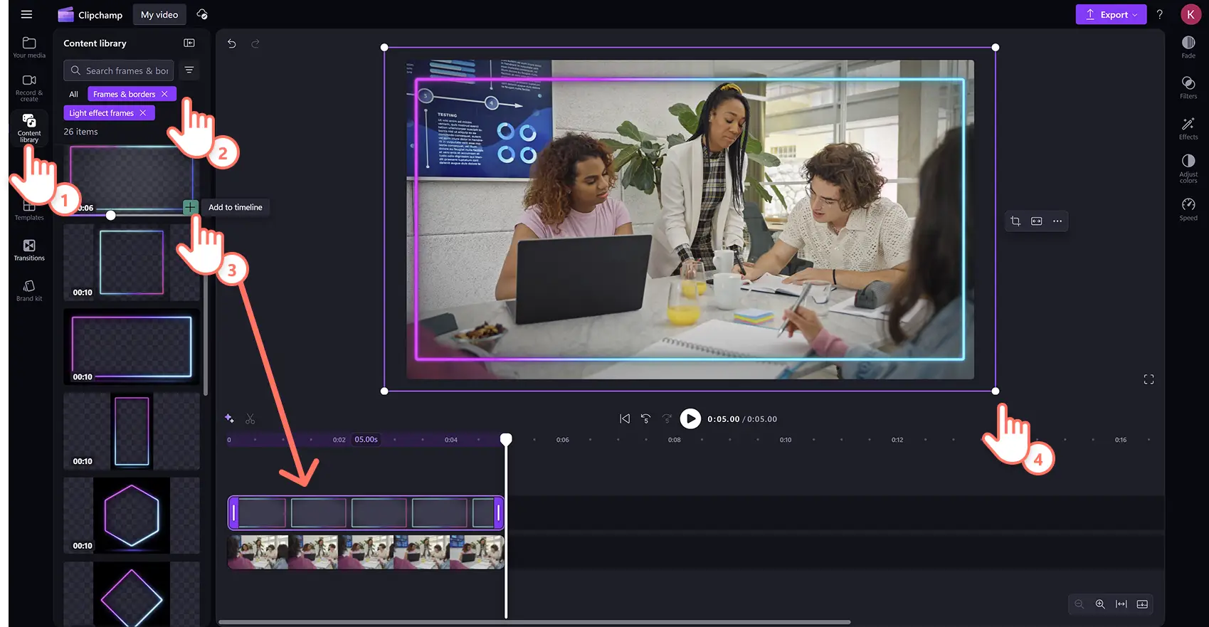 Un utente che aggiunge un bordo sovrapposto animato a un video nell'editor video Clipchamp.
