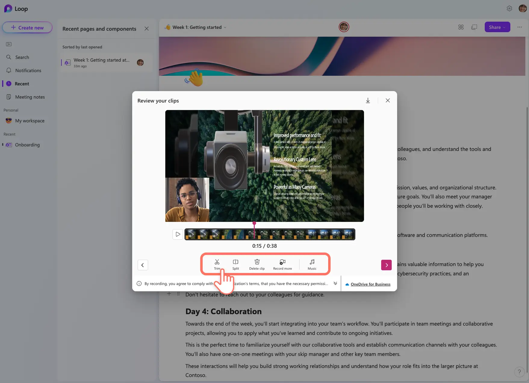 Usuário revisando e editando vídeos de gravação de tela no Microsoft Loop