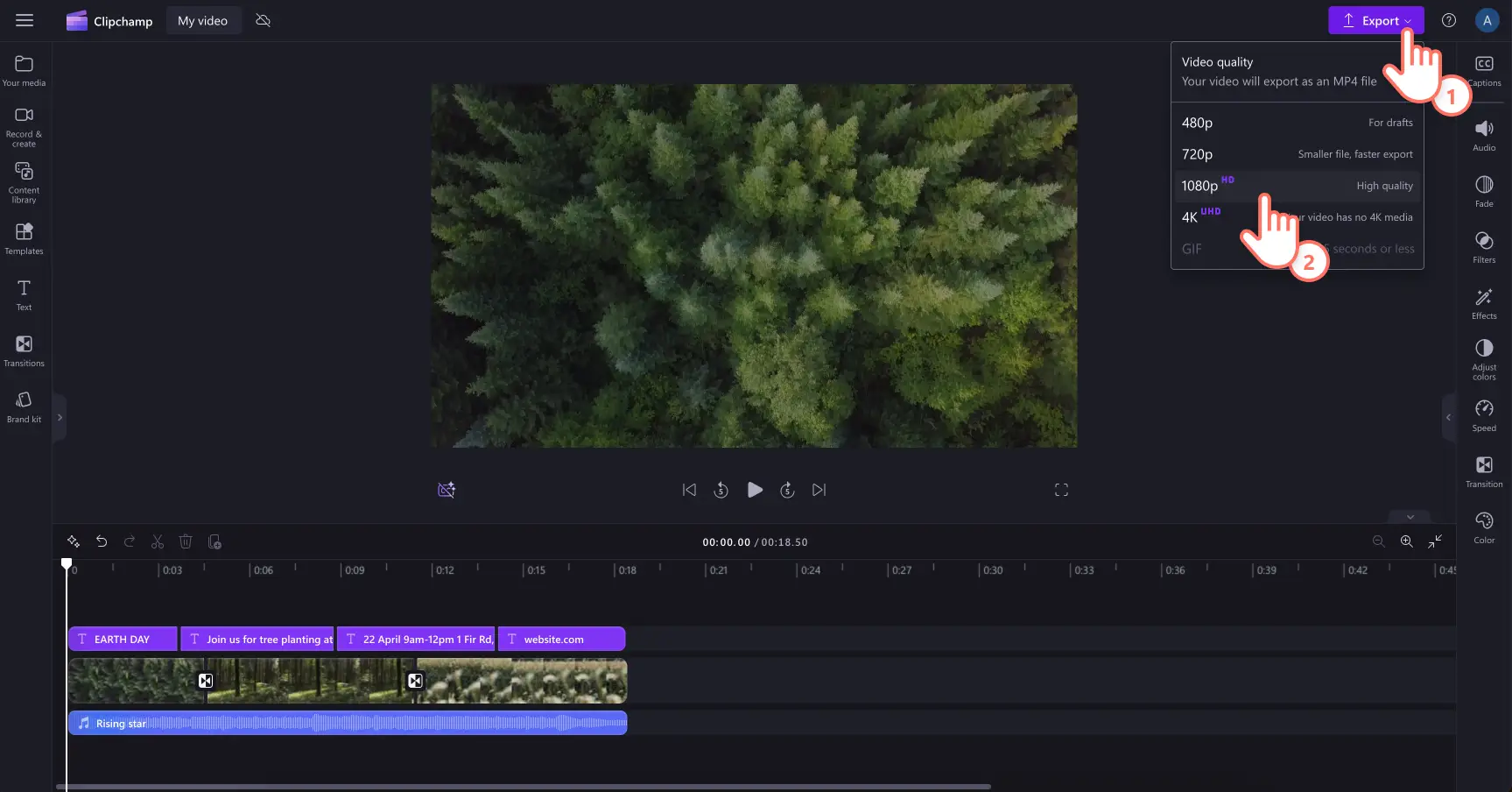 Image of a user exporting a video and choosing the resolution at 1080p in Clipchamp.