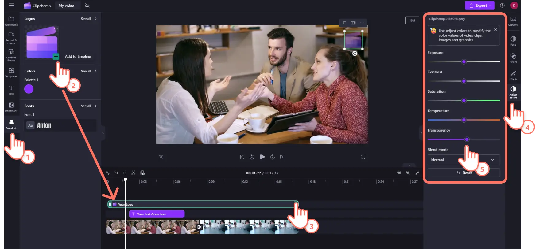 Image d’un utilisateur de Microsoft Clipchamp ajoutant son logo à sa vidéo pour créer un filigrane.