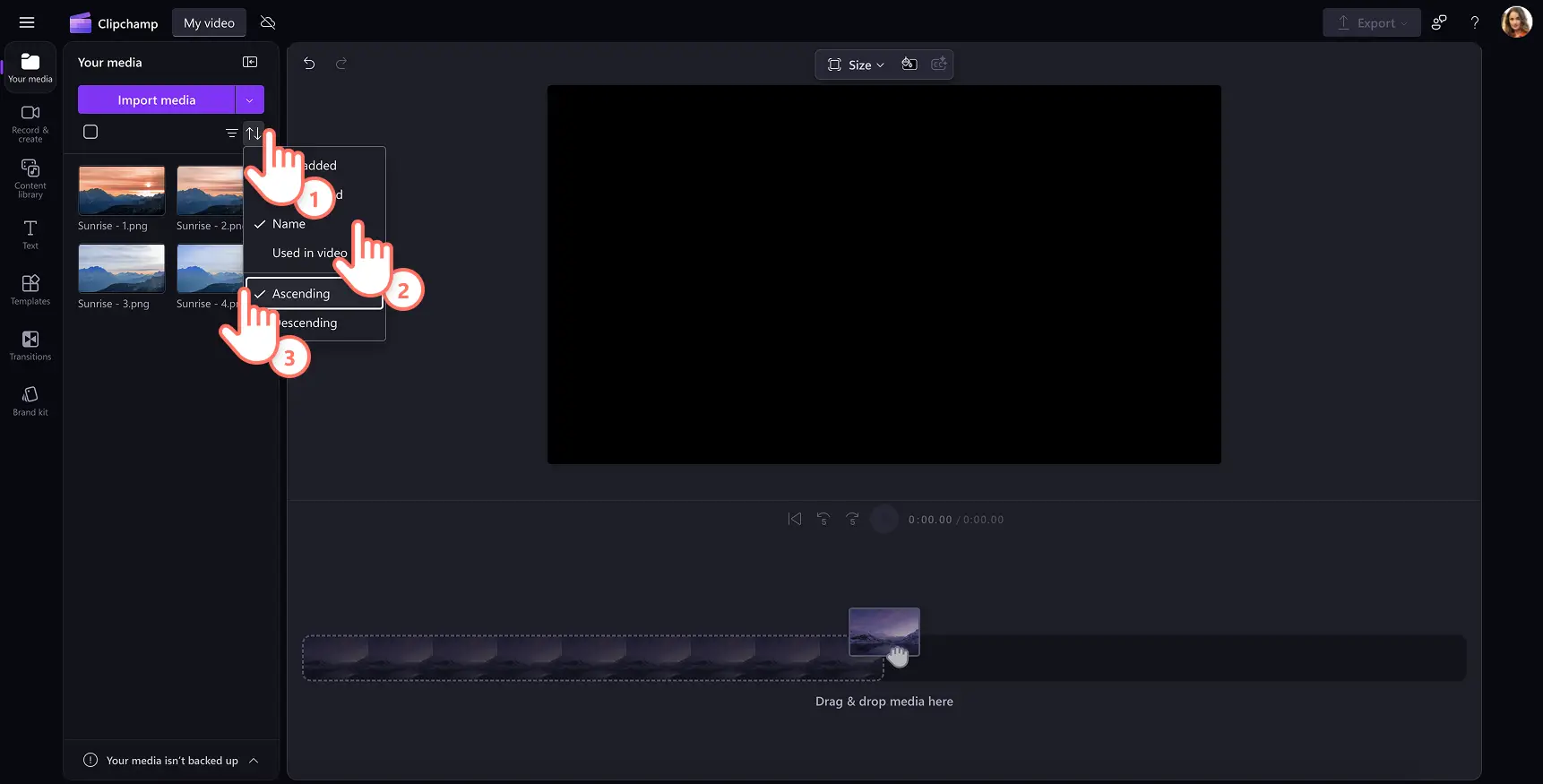 En bruger, der sorterer billeder efter dato på fanen Importér medie i Clipchamp