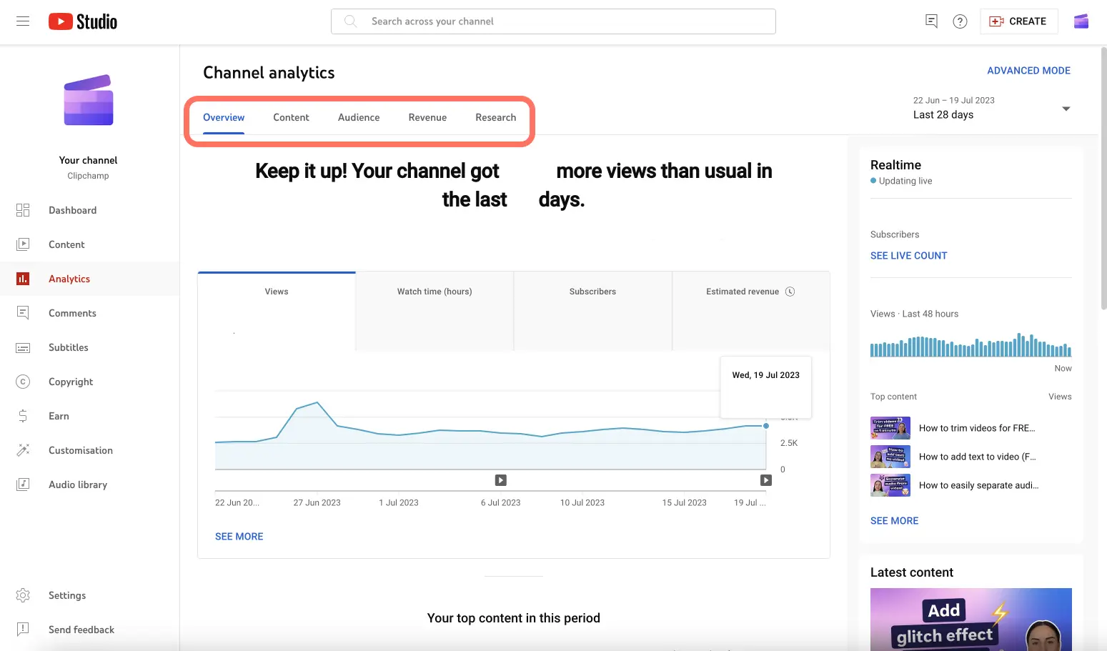 Et billede af Clipchamp YouTube-analyse.