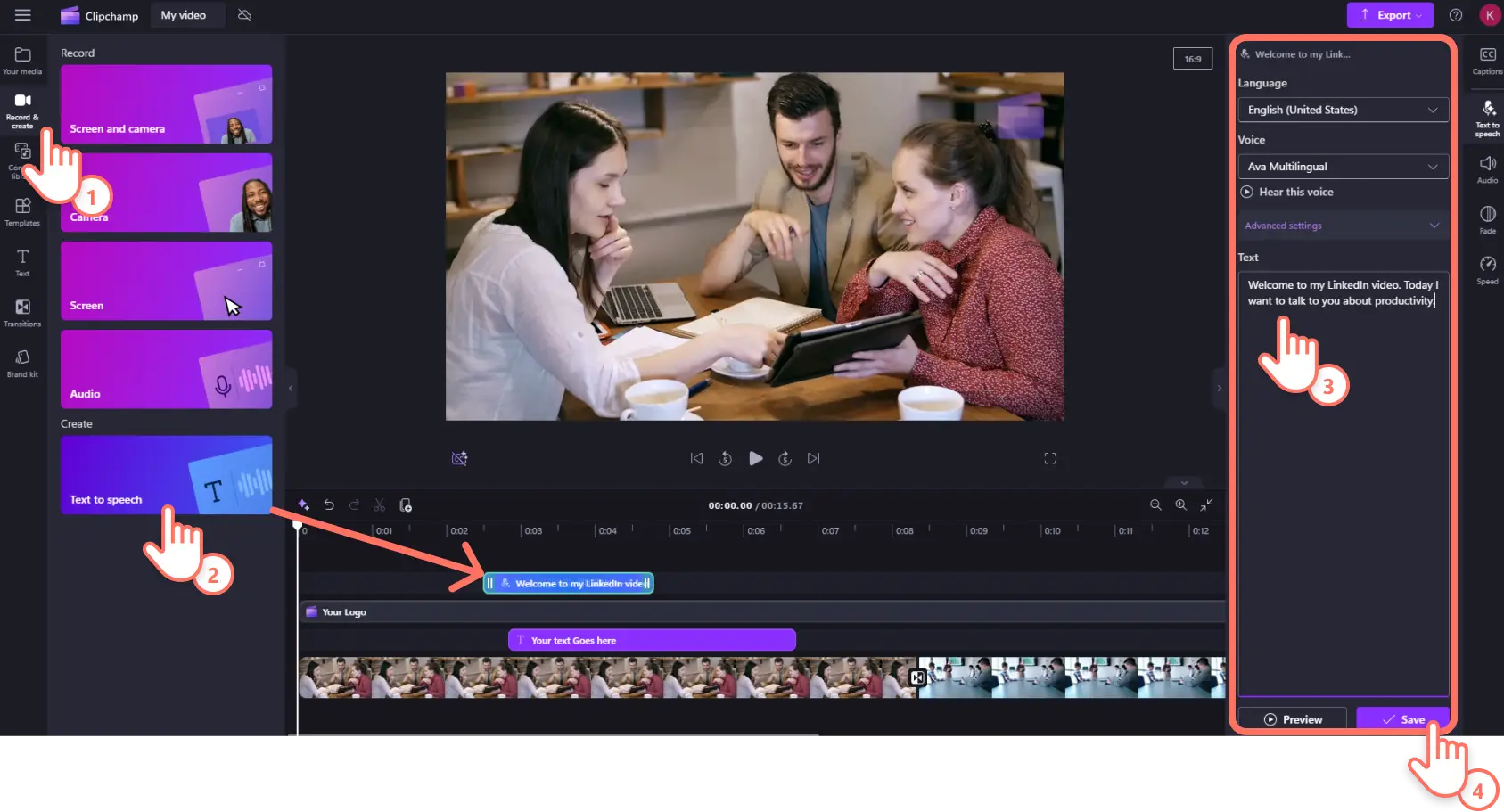 Image d’un utilisateur de Microsoft Clipchamp ajoutant une voix off à sa vidéo à l’aide de la fonction de synthèse vocale.
