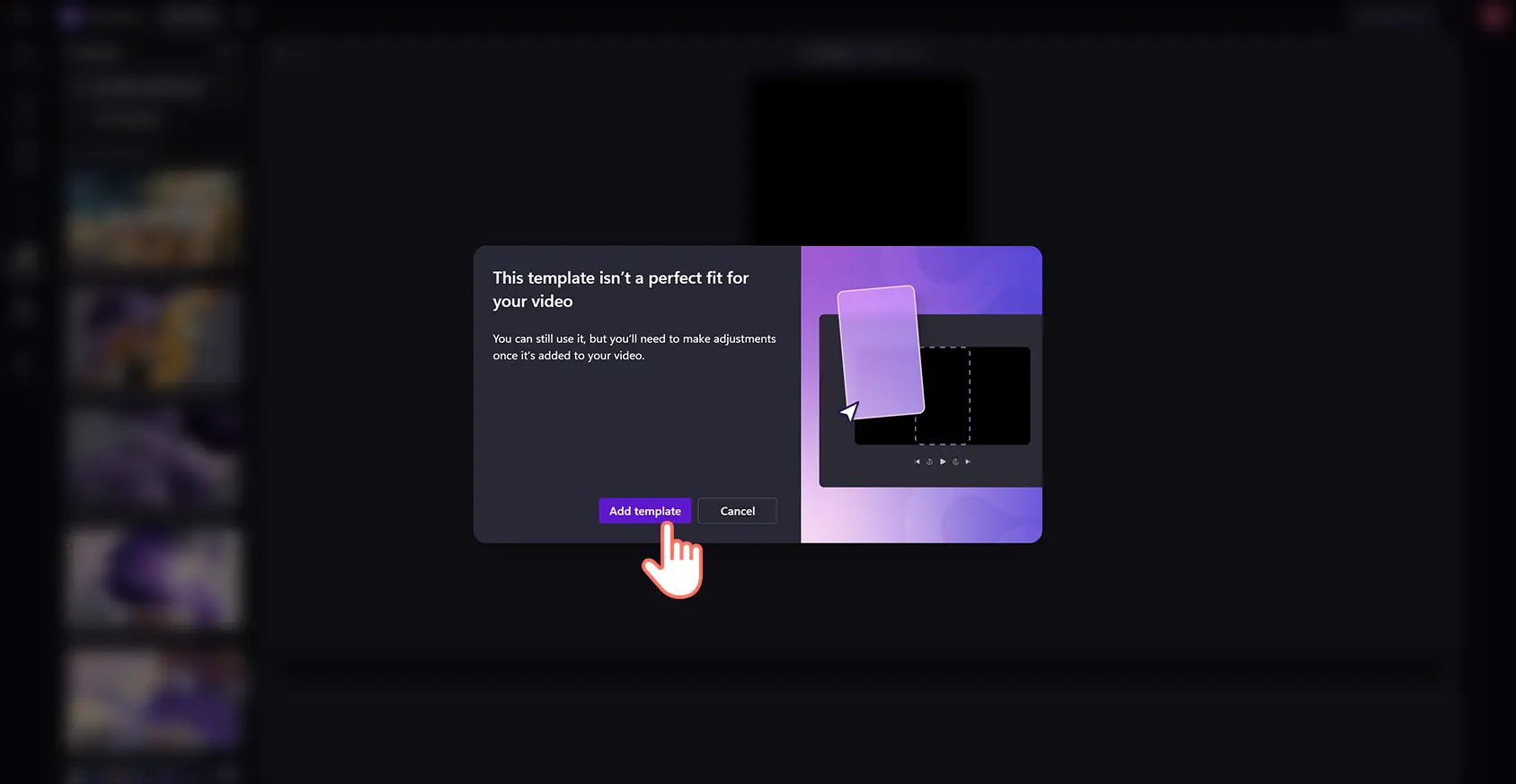 Un utilizator care face clic pe butonul de adăugare a șablonului pentru a potrivi un șablon video cu raportul de aspect video implicit în editorul video Clipchamp.