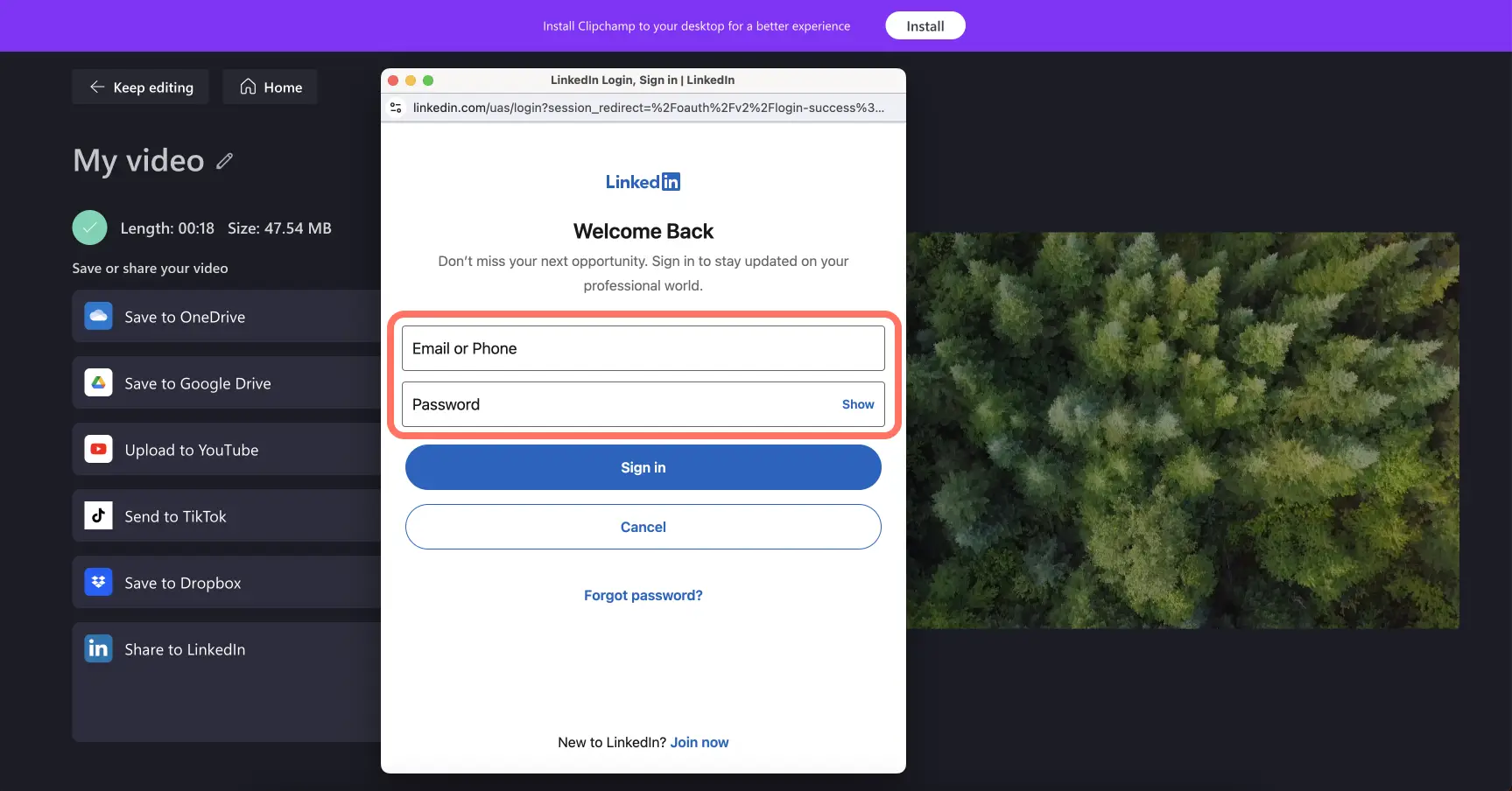 Image of a user logging into LinkedIn to connect it with Clipchamp.
