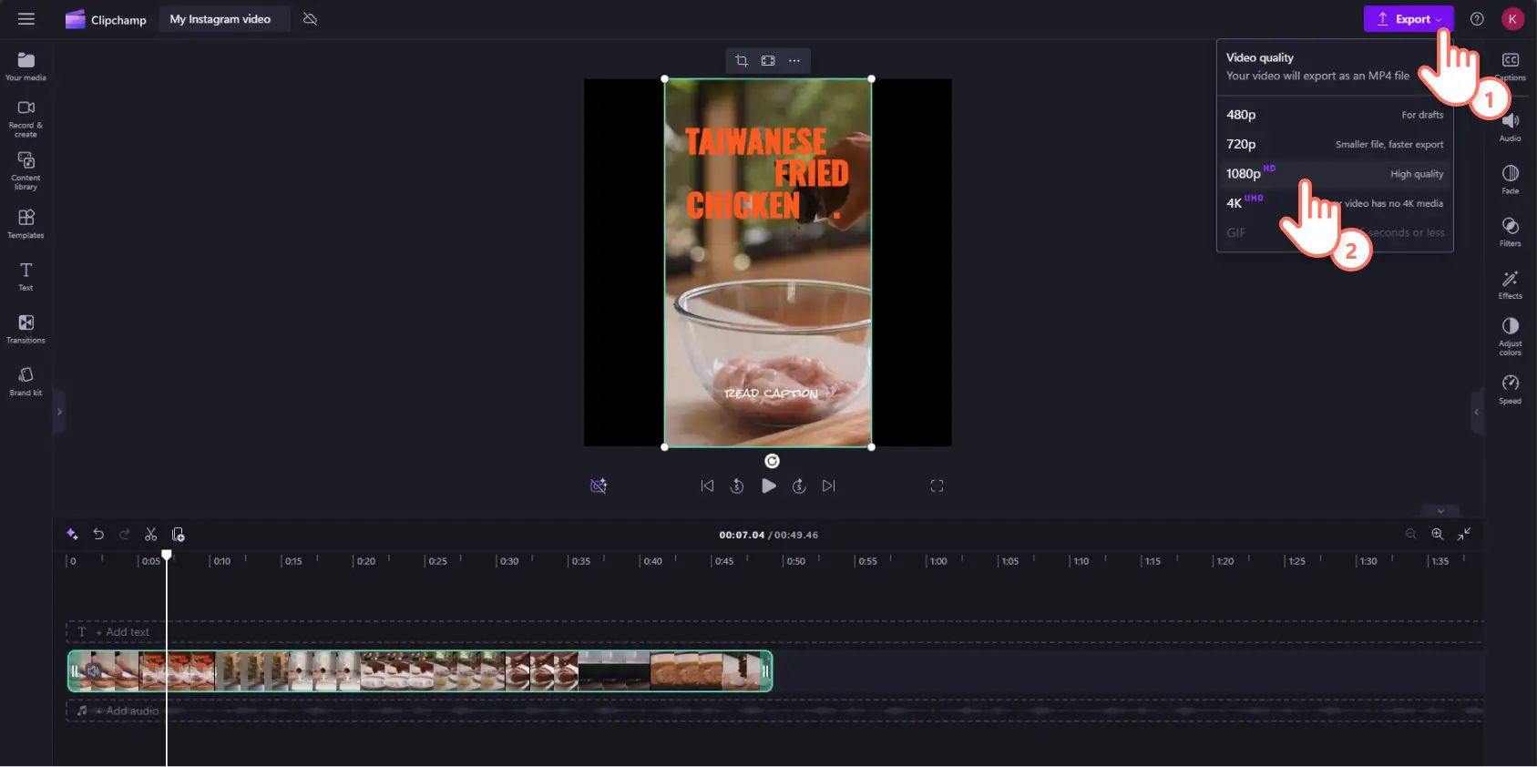 Et bilde av en Clipchamp-bruker som eksporterer en TikTok-video i 1:1-dimensjoner for et Instagram-innlegg.