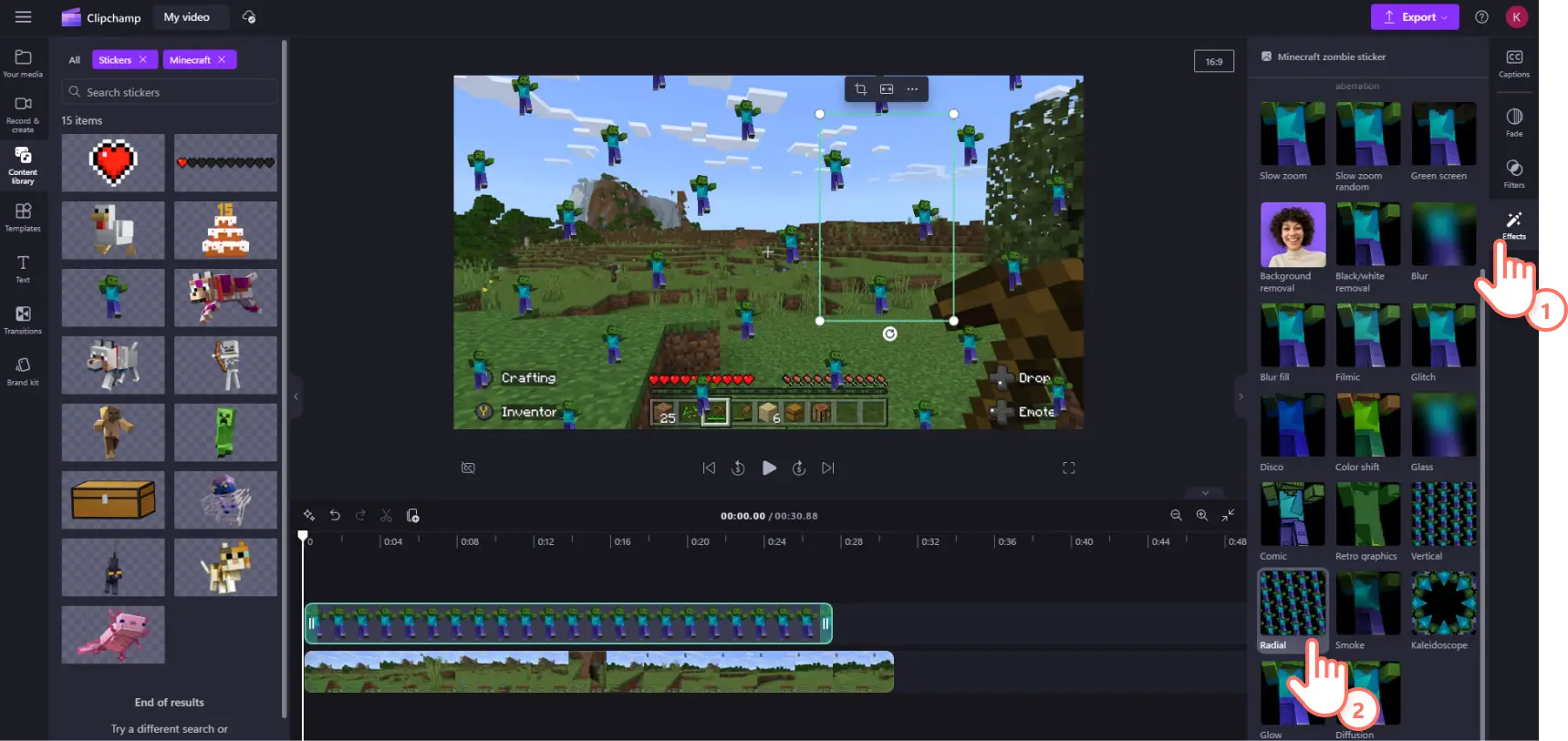 Gambar pengguna Clipchamp menambahkan efek radial ke stiker Minecraft.