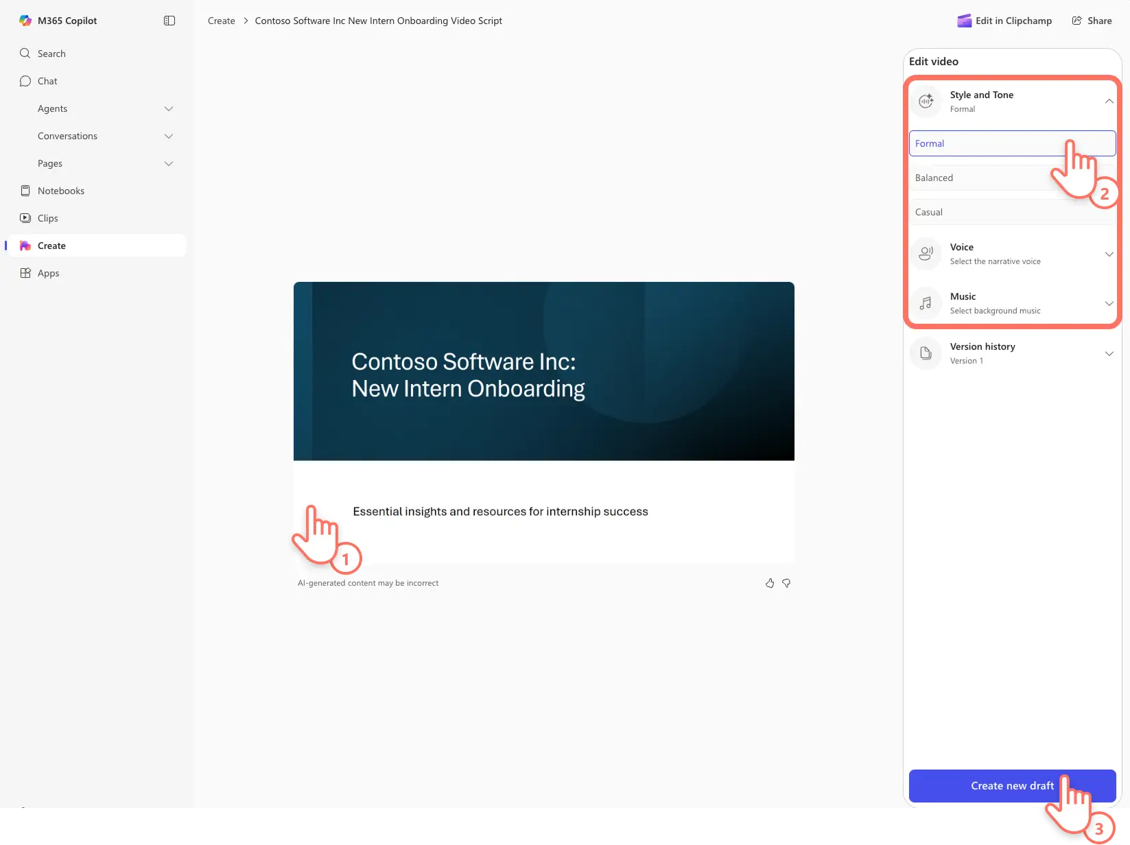 A user customizing voice, style, tone, and background music of a video presentation. 