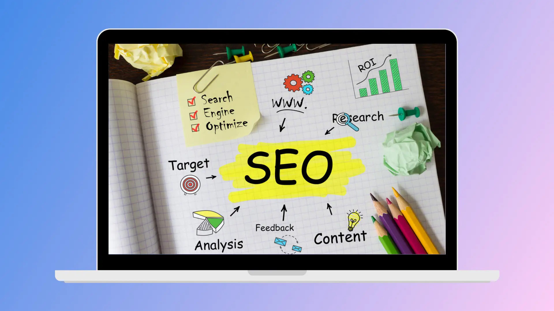 Laptop screen showing different types of best practices of SEO