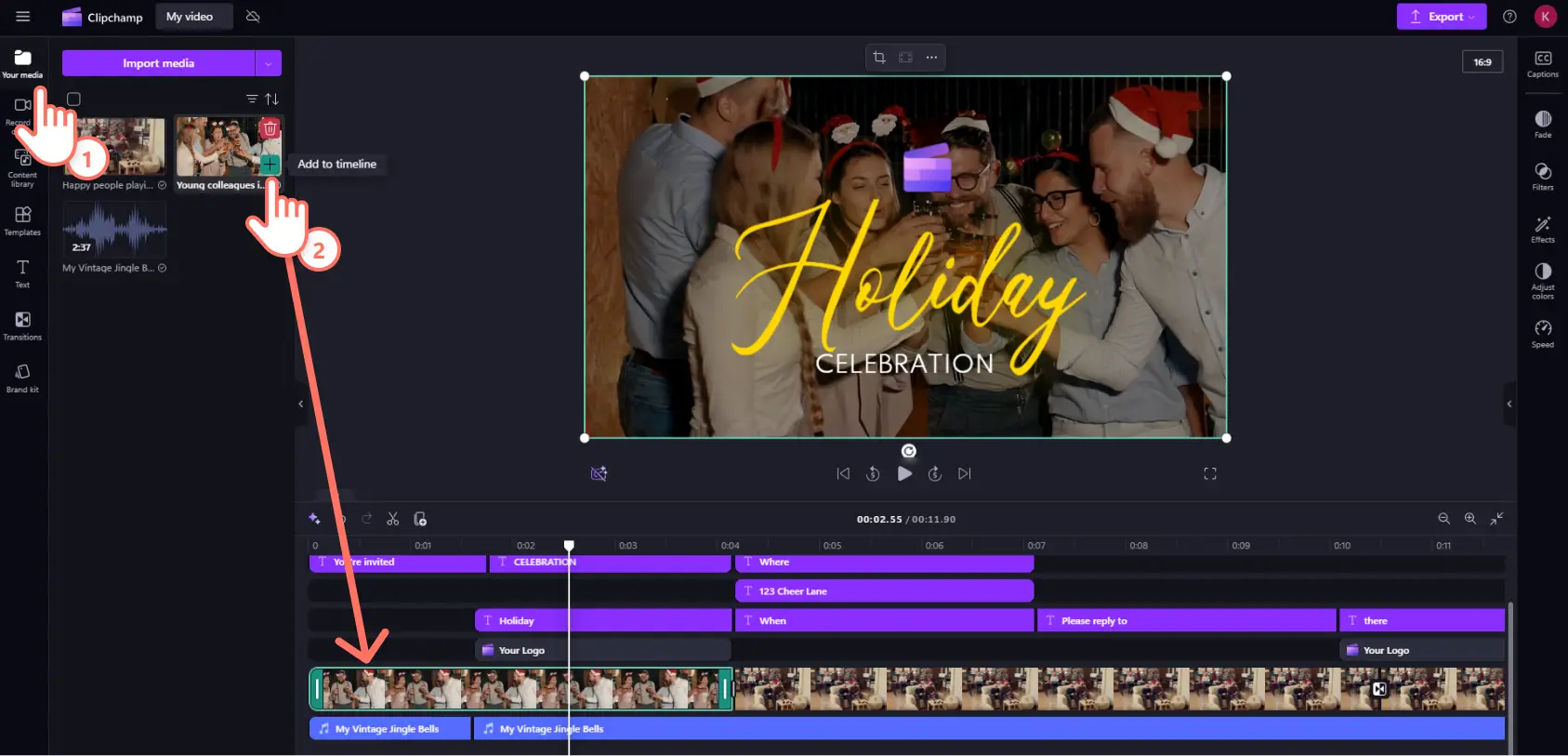 A user replacing the stock video footage of a party video invite template in Clipchamp.