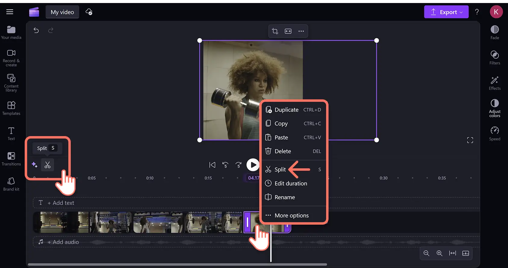 Pengguna memisahkan aset video dalam Reel sorotan di editor video Clipchamp.
