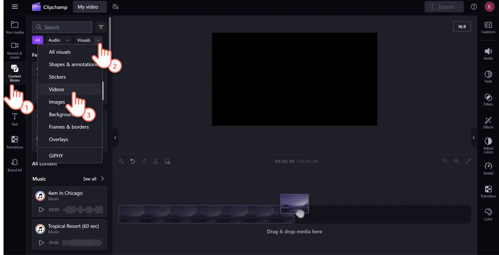 A user searching for stock videos inside the content library in Clipchamp.