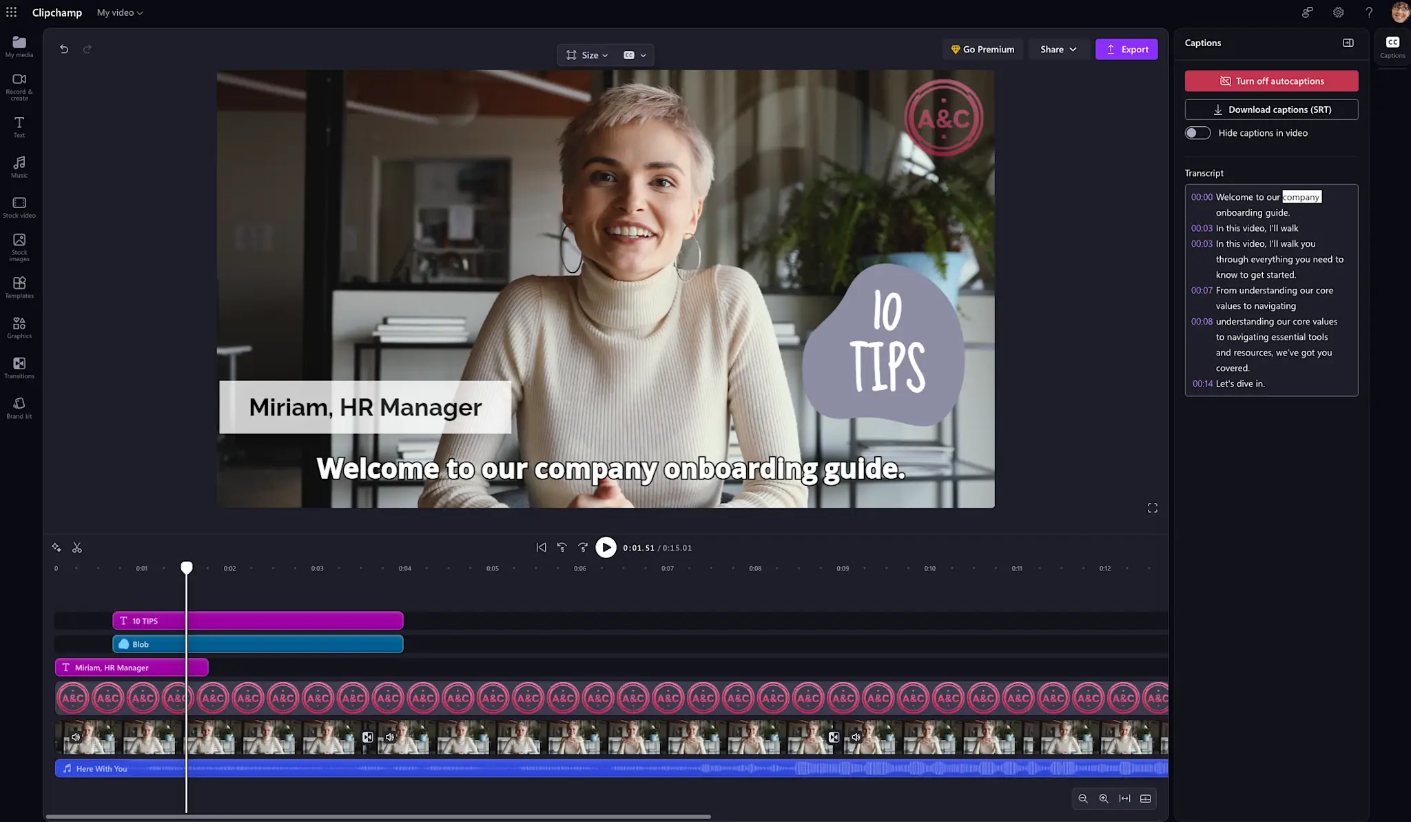 A user generating subtitles on a work video in the Clipchamp for work application