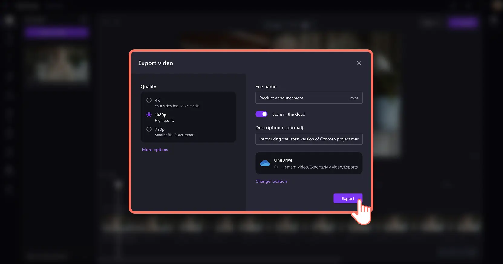 En bruger gemmer en video i høj kvalitet i Clipchamp til arbejde