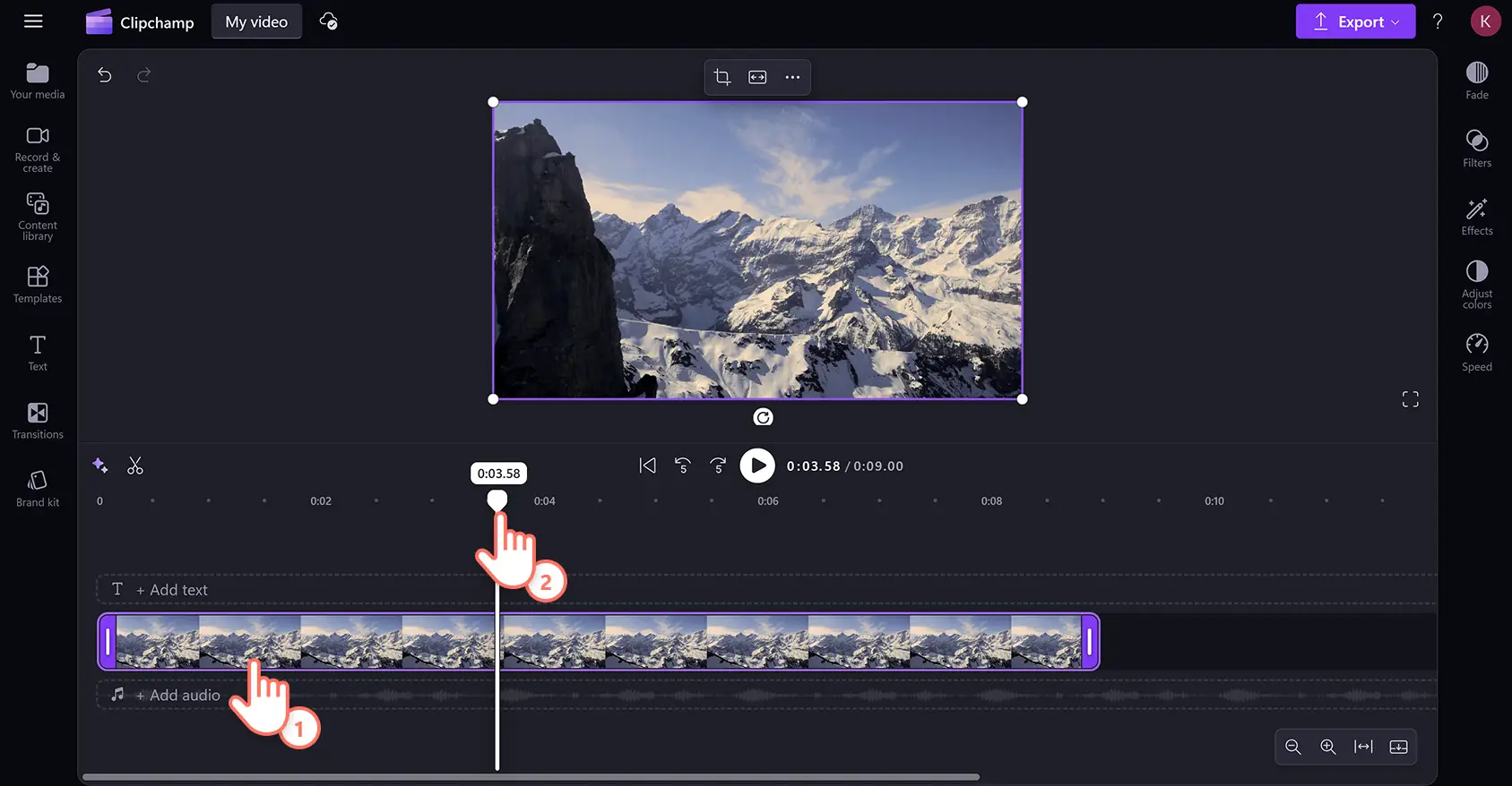 用户在 Clipchamp 中将时间标线移动到时间戳以拆分视频剪辑。