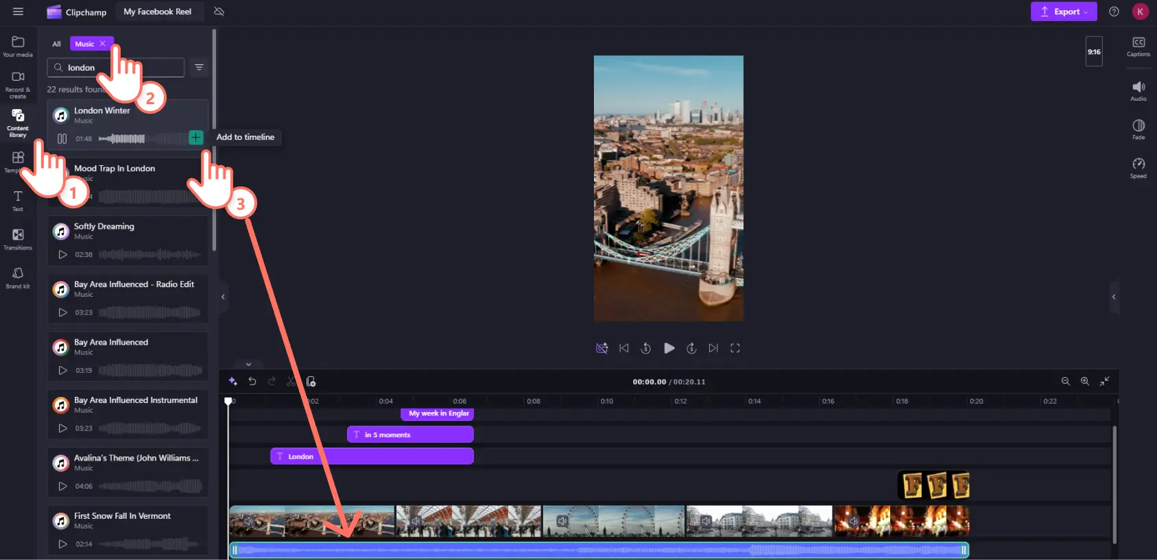 A user adding background music to the timeline in Clipchamp.