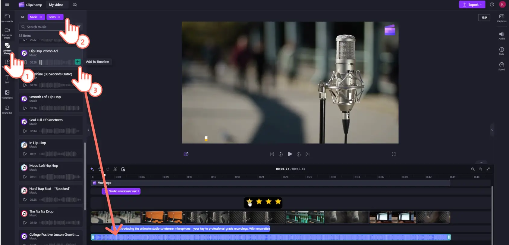 A user adding music to a landing page video in Clipchamp.
