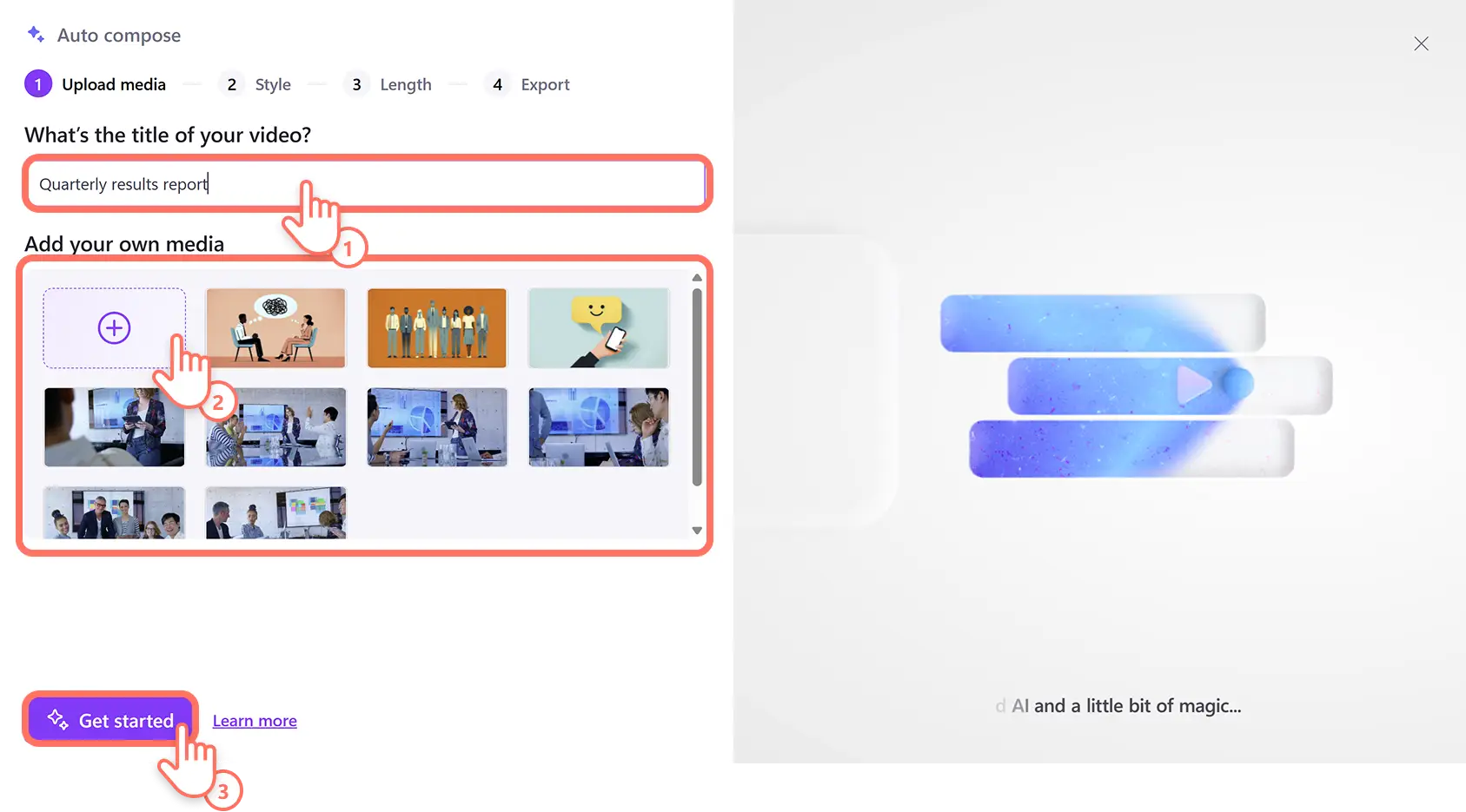 Bir videoyu adlandıran ve video dosyalarını içe aktaran, ardından Clipchamp video düzenleyicide yapay zeka otomatik oluşturma başlat düğmesine basan bir kullanıcı.