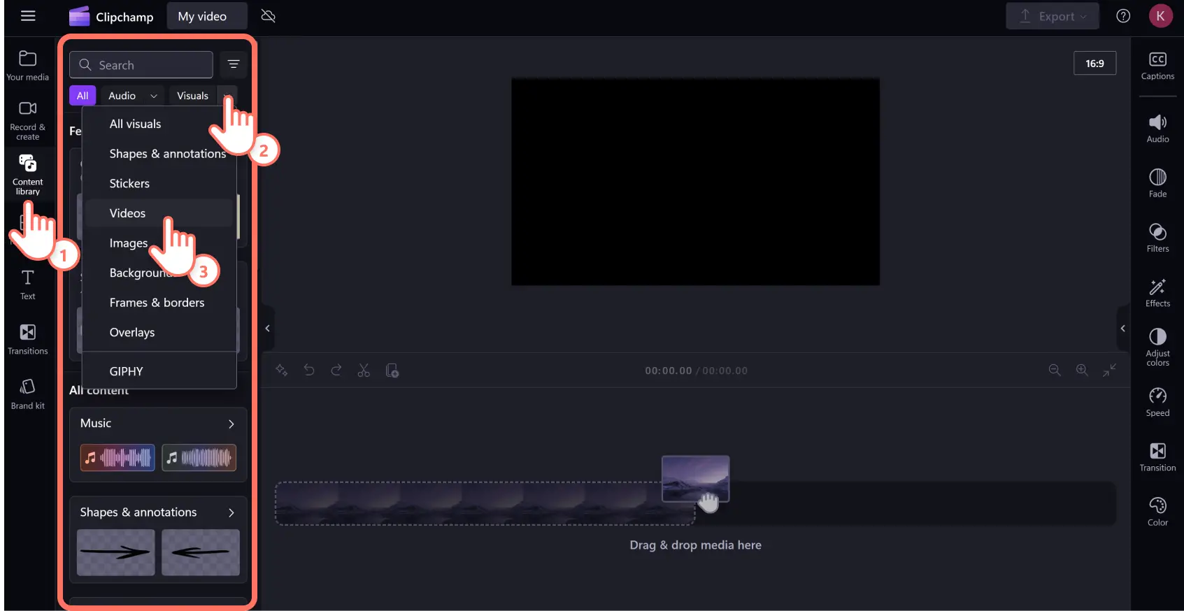 A user accessing the videos category inside the content library in Clipchamp.
