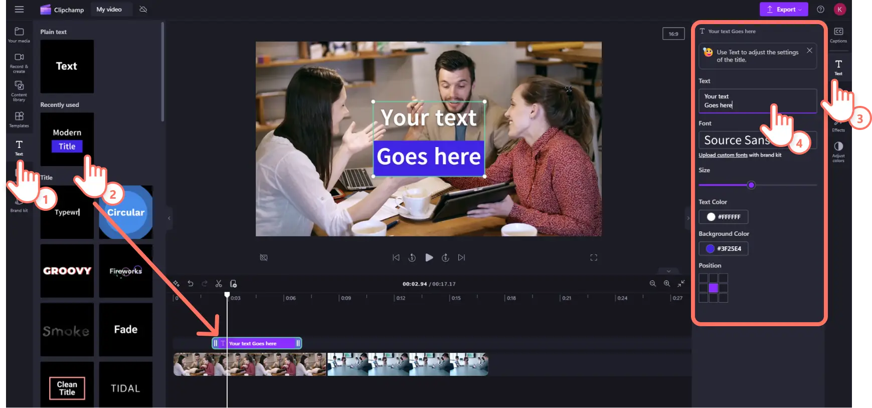 Image d’un utilisateur de Microsoft Clipchamp ajoutant un texte animé à sa vidéo.