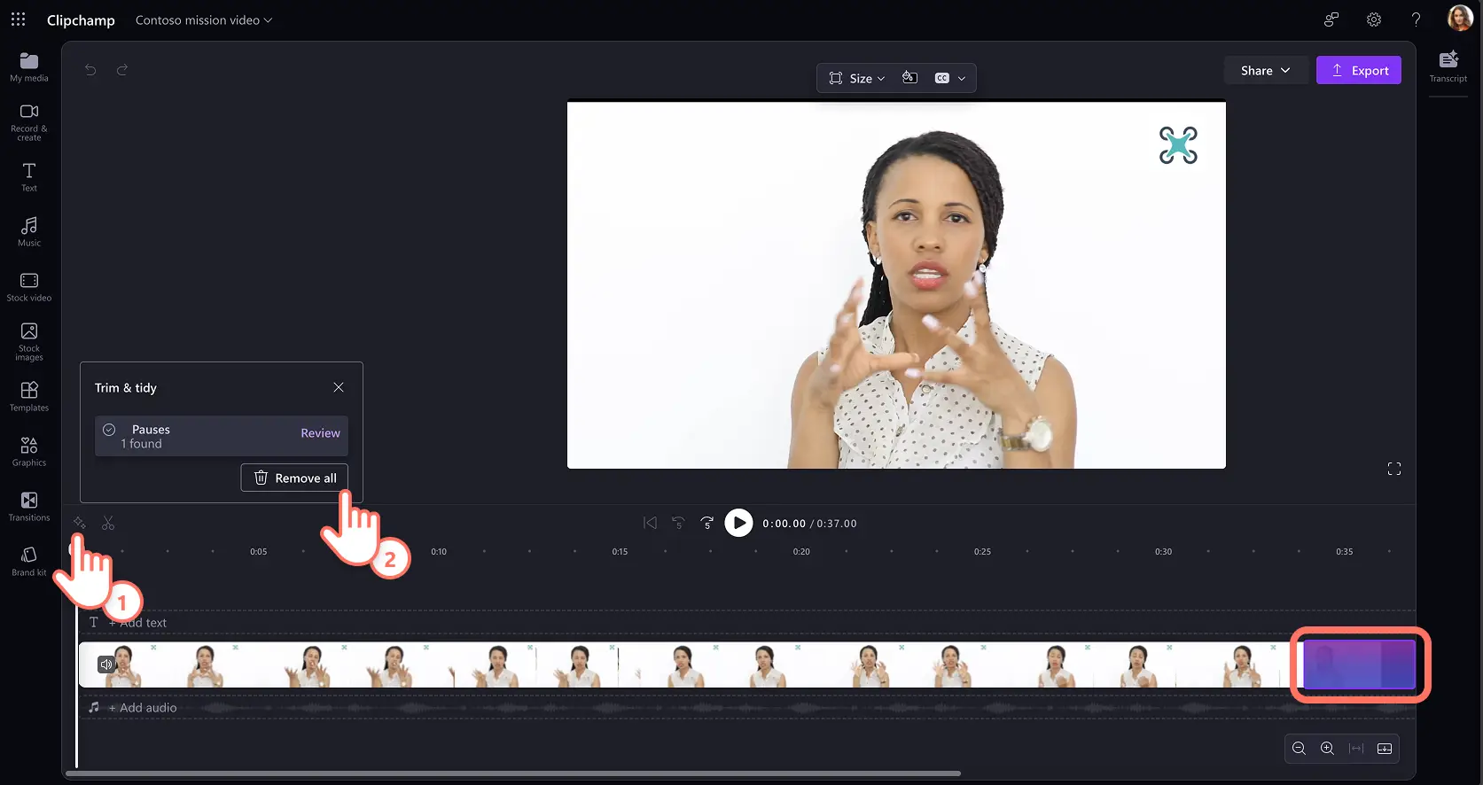 A user finding pauses and silences automatically with AI in Clipchamp for work.