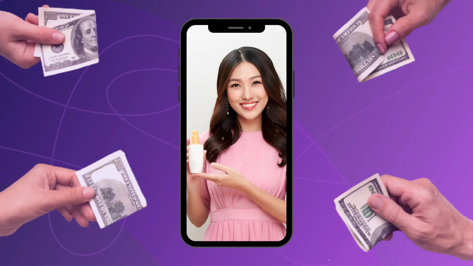 Video of woman holding a product inside a phone screen while hands with money reach out - conceptual image of crowdfunding