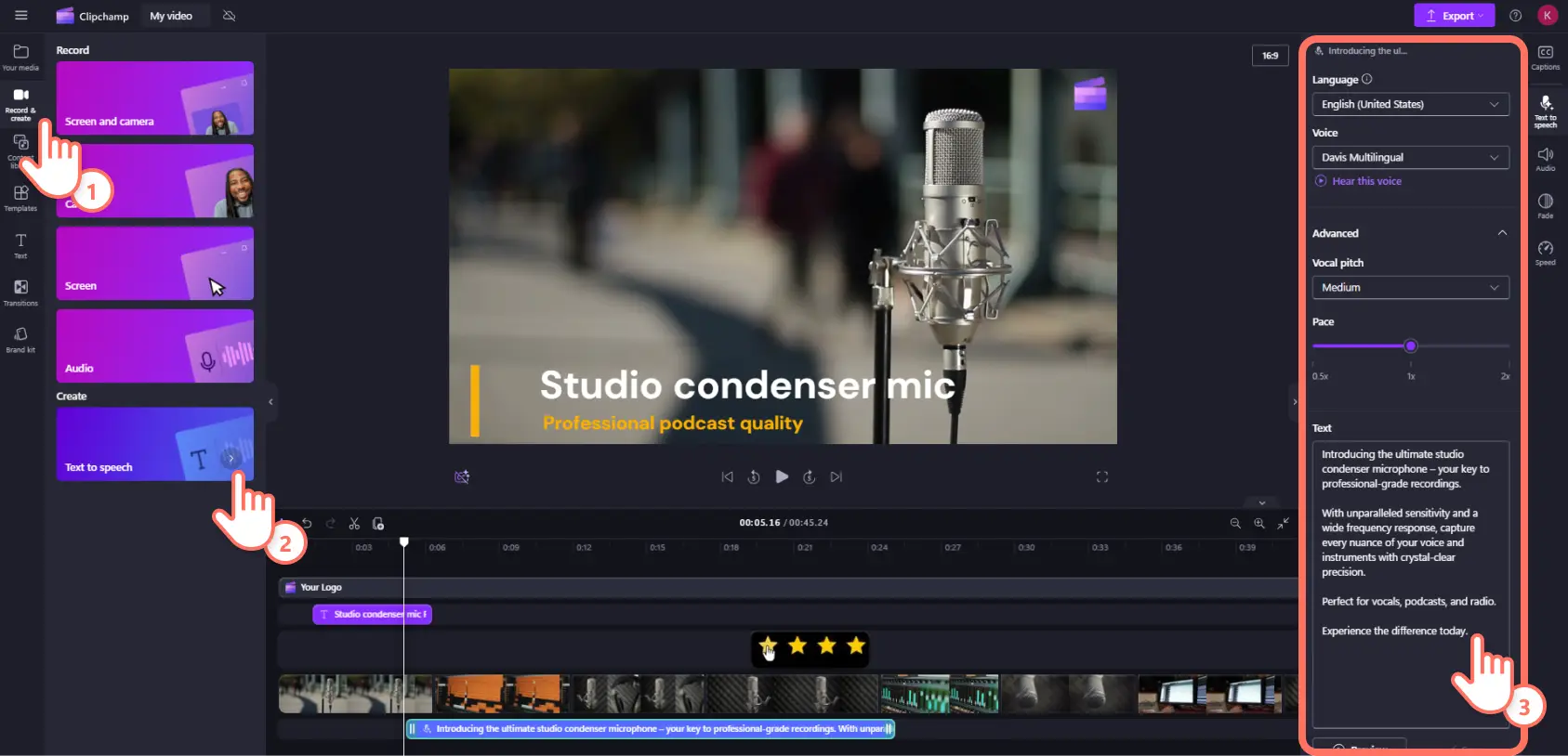 A user adding an AI voiceover to the timeline using text to speech in Clipchamp.