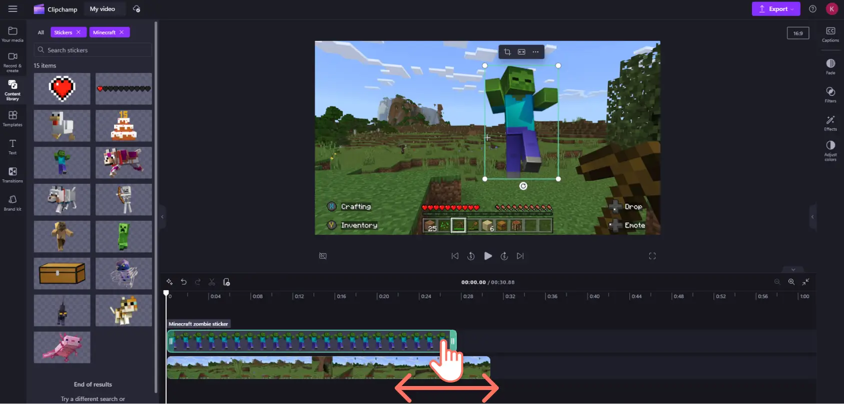 Gambar pengguna Clipchamp mengubah durasi stiker Minecraft.