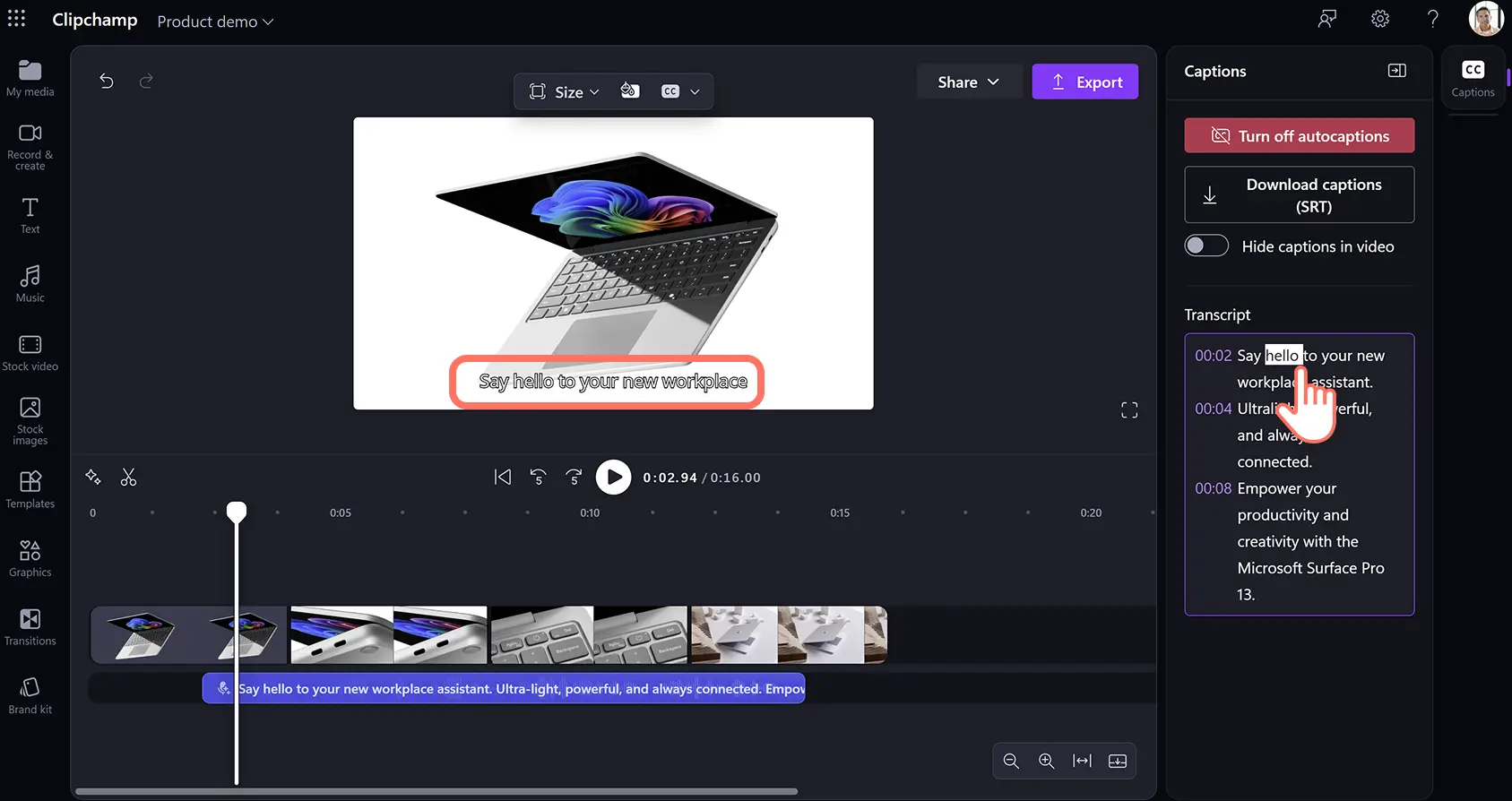 Un utilizator care editează subtitrări în Clipchamp