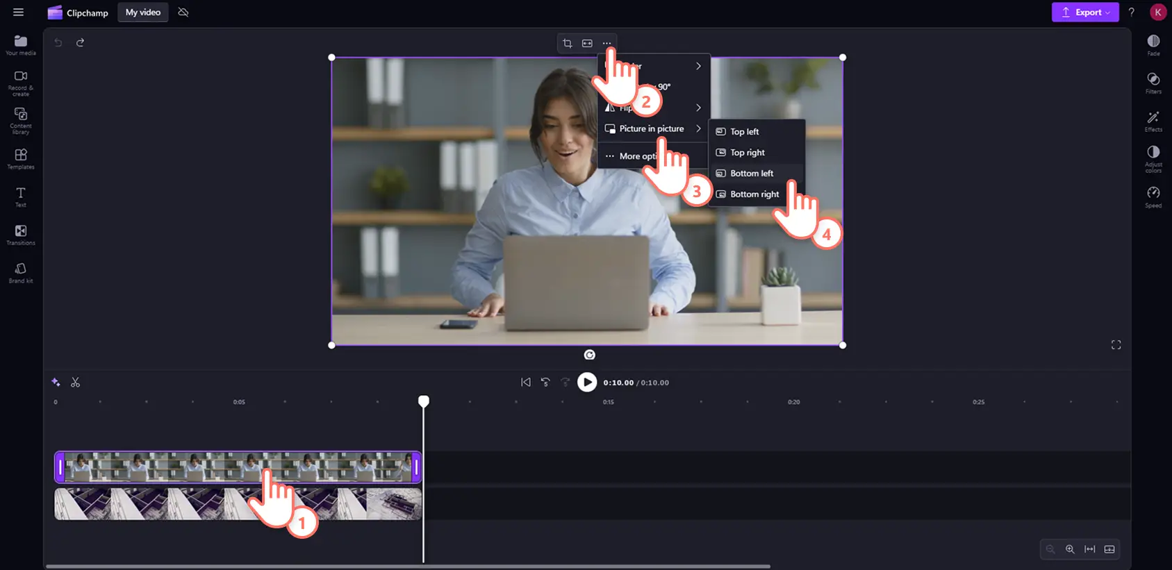 En bruker som klikker på bilde-i-bilde-knappen på den fristilte verktøylinjen i Clipchamp.