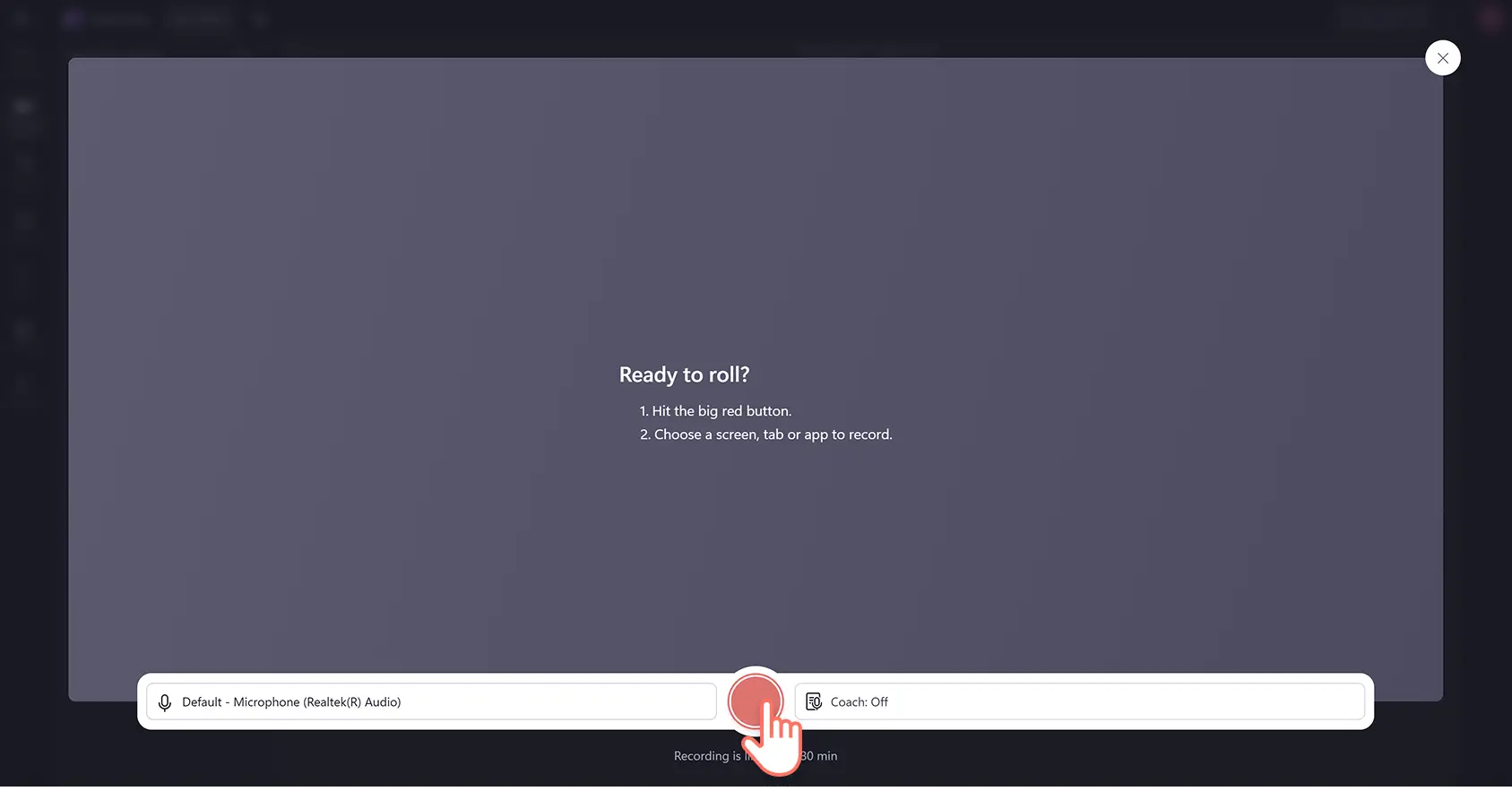 Một người dùng đang bấm vào nút trình ghi màn hình trong trình biên tập video Clipchamp.
