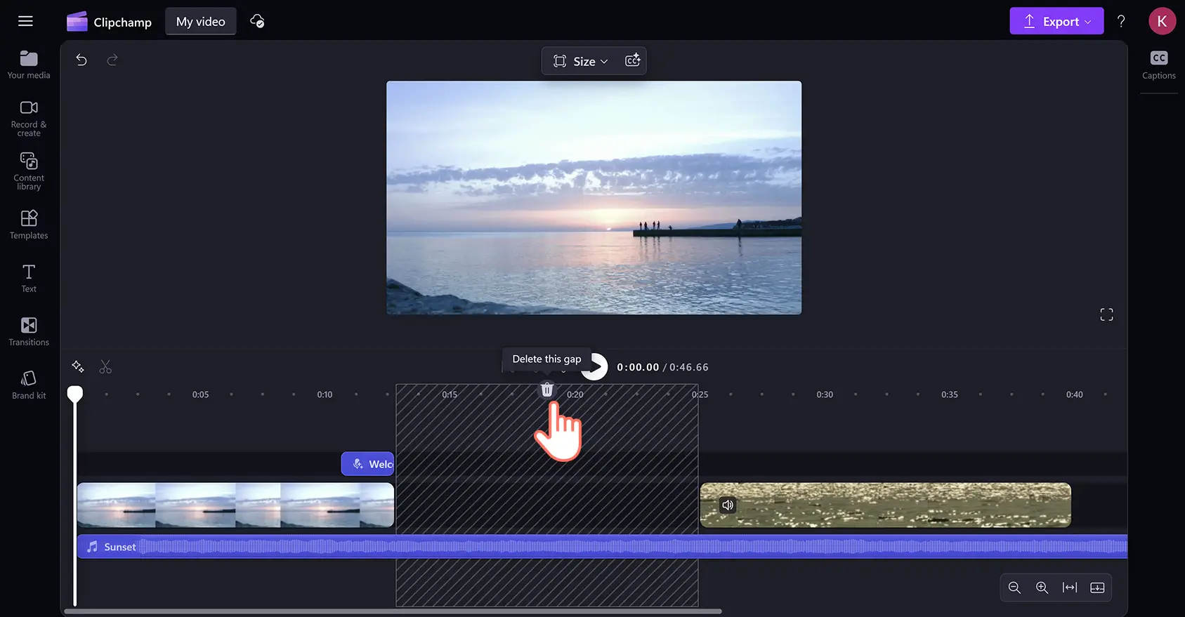 En bruger fjerner et stablet mellemrum i Clipchamp-videoeditoren.