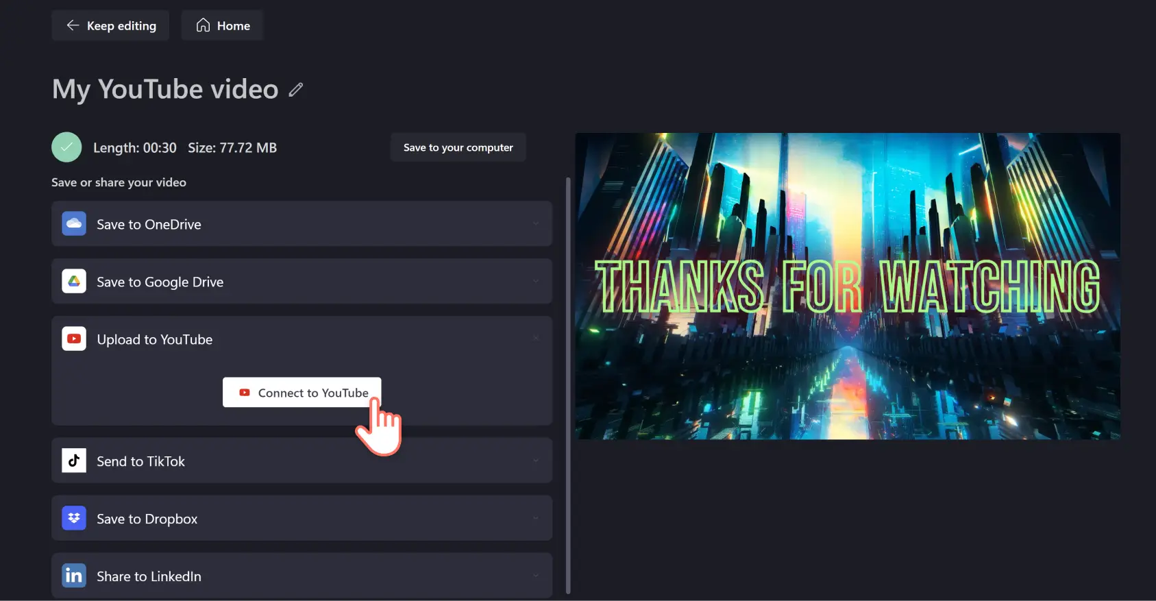 An image of a Clipchamp user selecting the Connect to YouTube button.
