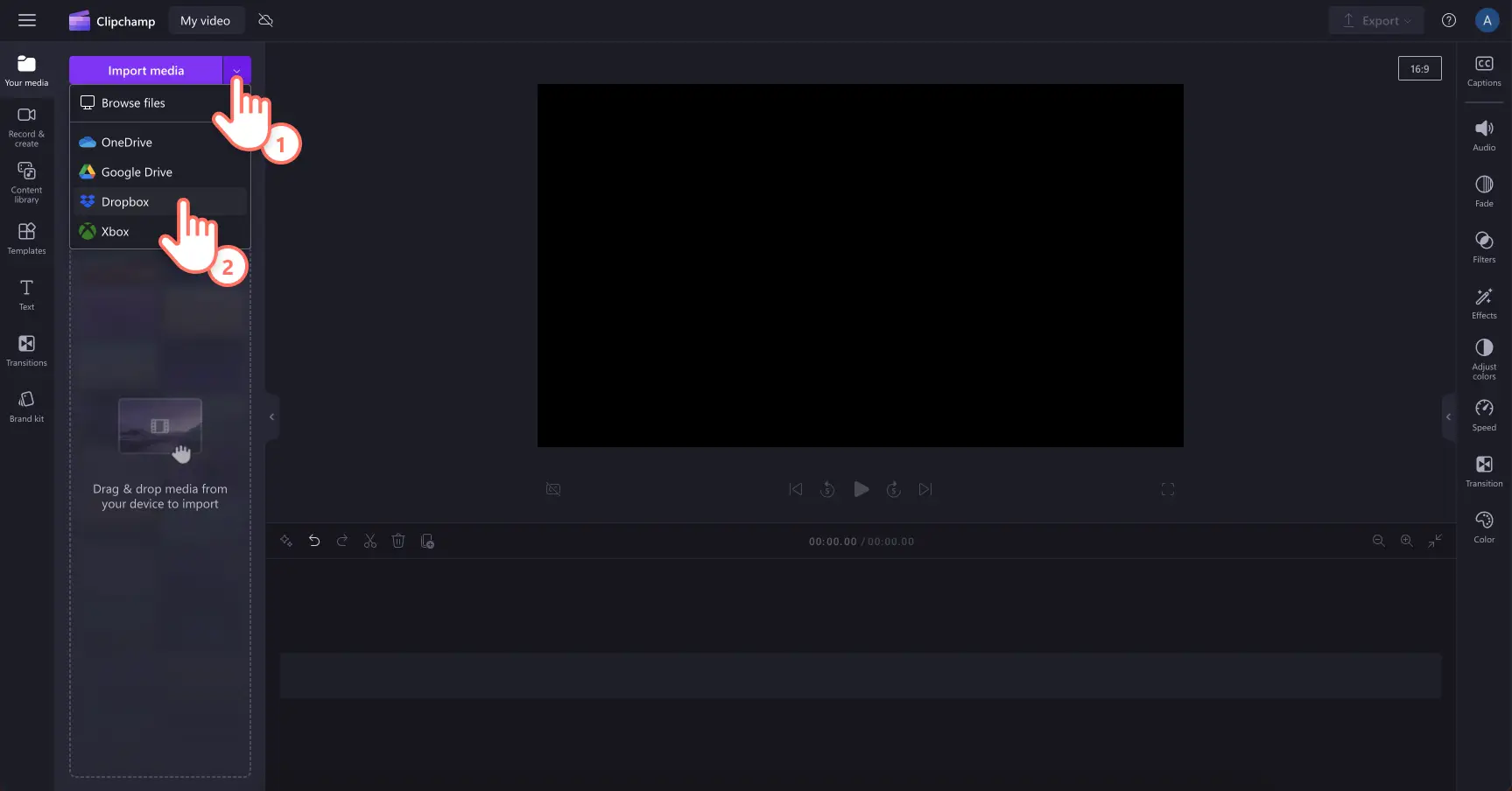 Bilde av en bruker som importerer en video i Clipchamp ved hjelp av Dropbox.
