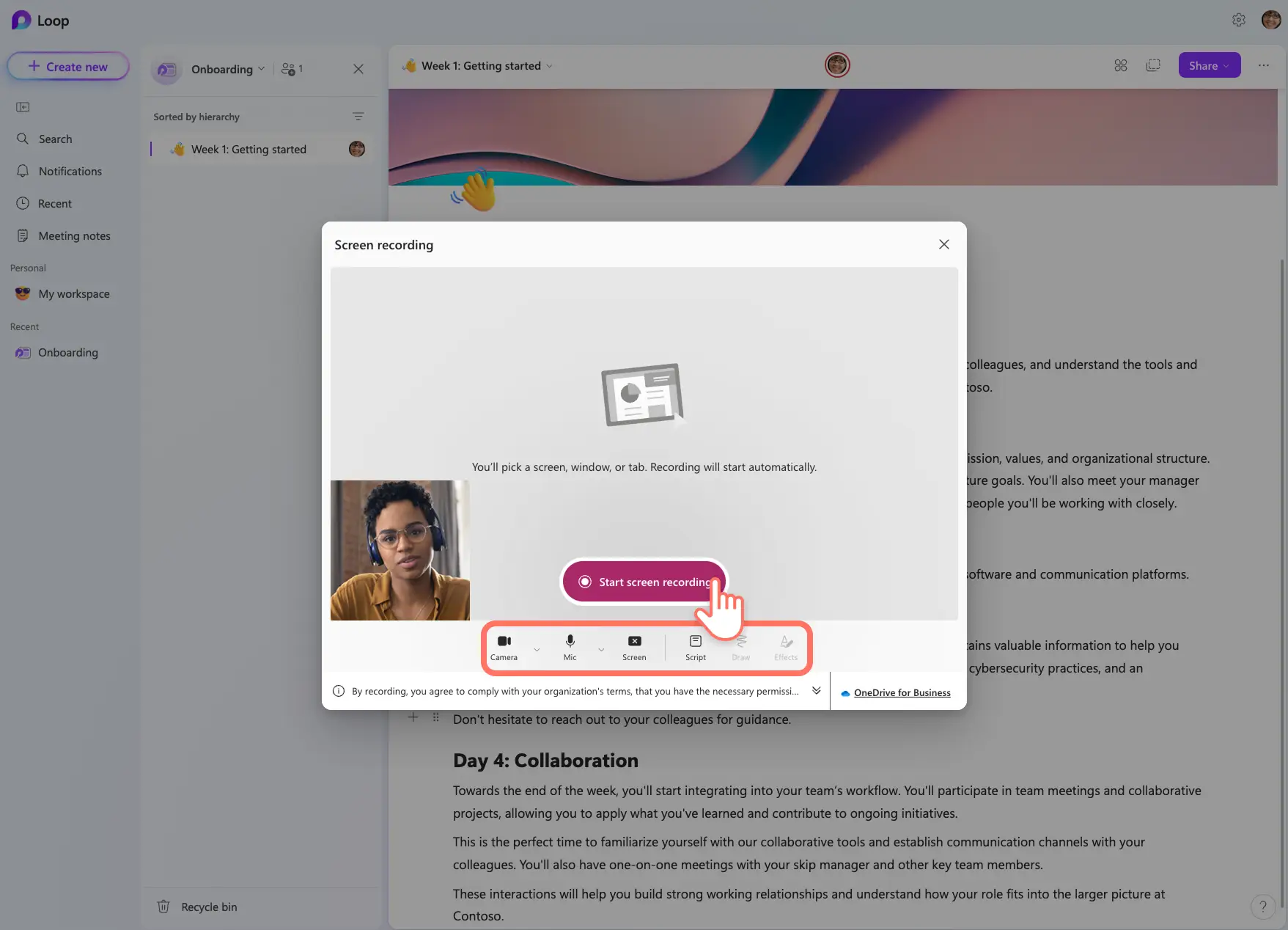 Usuário concedendo permissões para gravar a tela e a webcam no Microsoft Loop